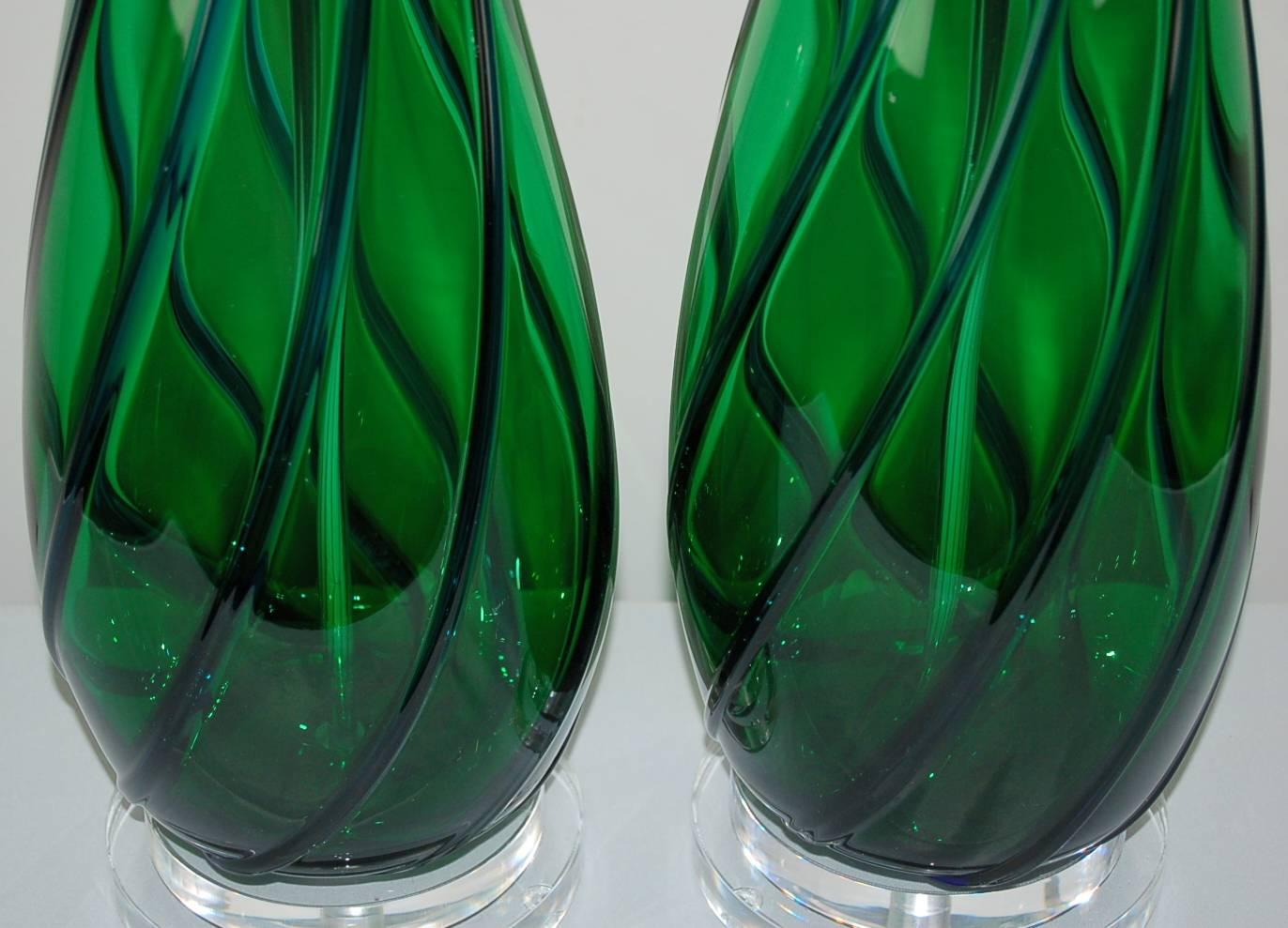 Matched Pair of Vintage Murano Lamps in Green and Blue 2