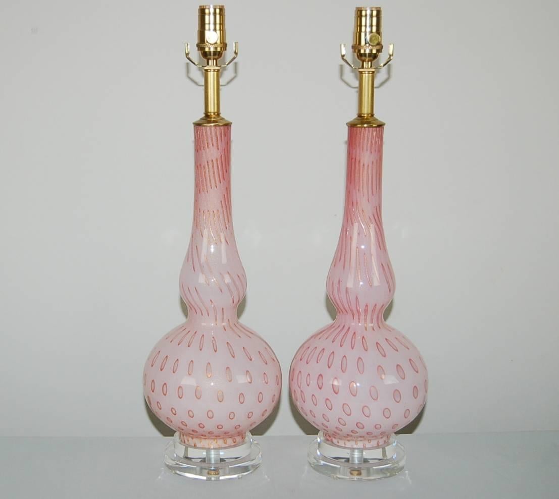 The Marbro Lamp Company made some wonderful bedside lamps not every lamp they produced was over 40 inches. These vivid pink Murano lamps have large controlled bubbles, rimmed in gold.

They stand 23 inches from tabletop to socket top. As shown,