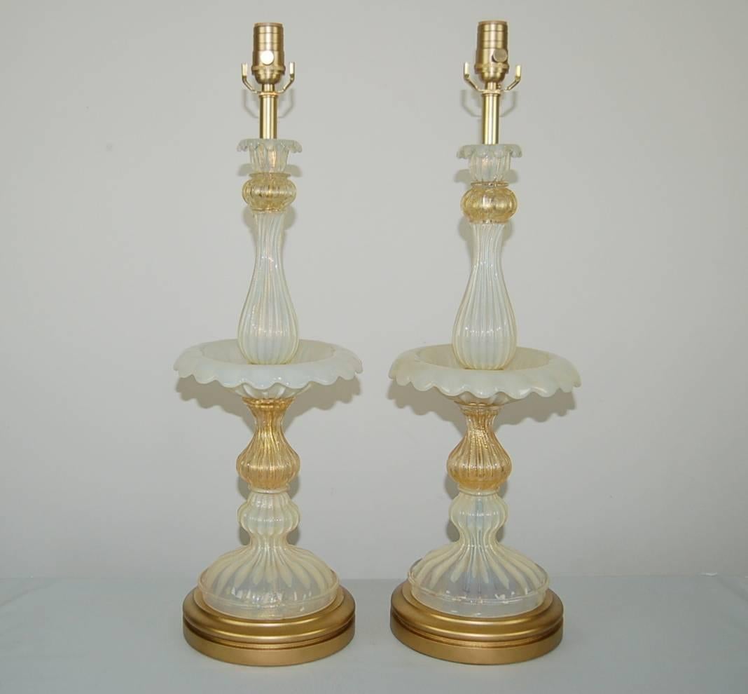 Matched pair of Vintage Murano Epergne Table lamps. The best of Italian craftsmanship, attributed to Barovier & Toso from the late 1940s. Magical WHITE OPALINE and clear glass filled with GOLD - elegance so hard to come by, and in perfect