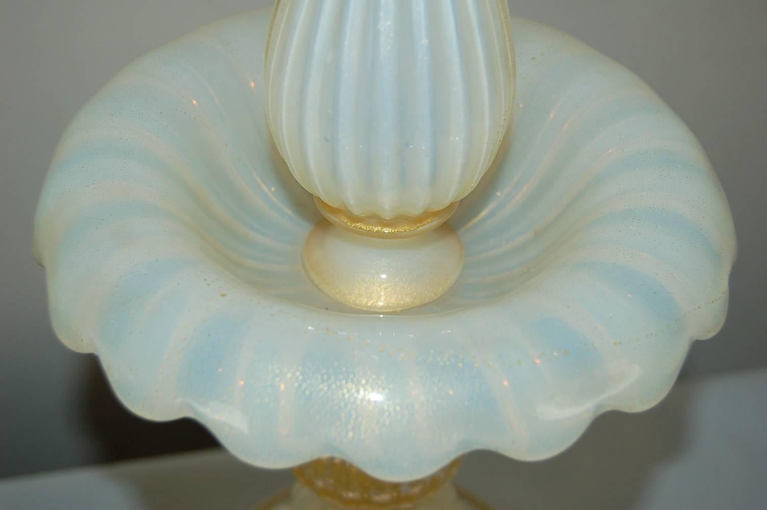 Brass White Opaline Murano Epergne Table Lamps  For Sale