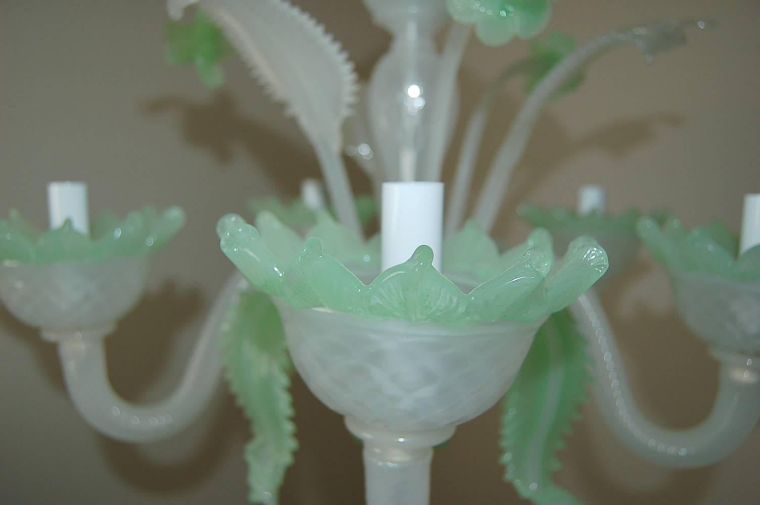 Hollywood Regency Chandelier Murano Opaline Glass of White and Green