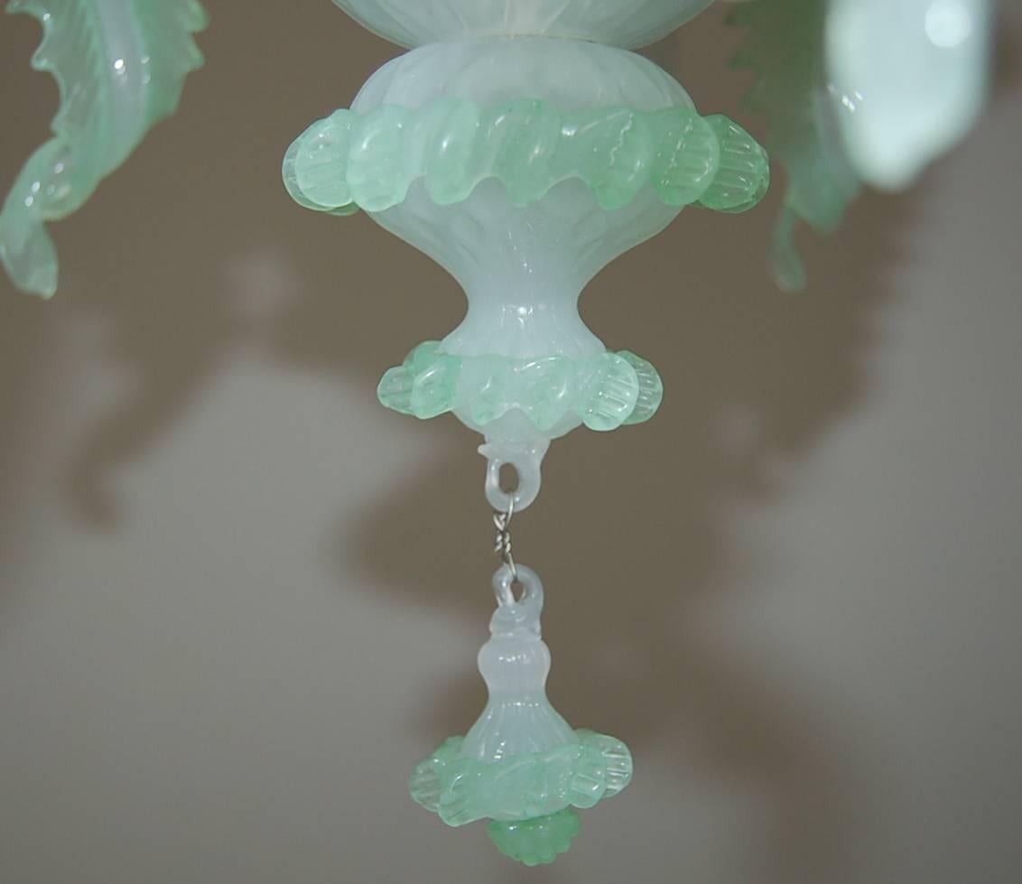 Chandelier Murano Opaline Glass of White and Green In Excellent Condition In Little Rock, AR
