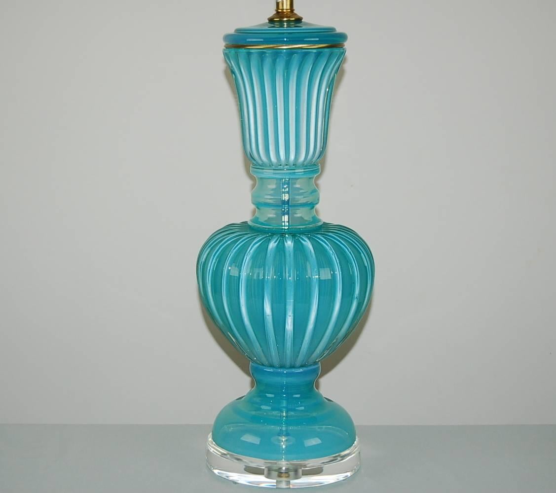 Italian Aqua Blue Murano Opaline Table Lamp by Marbro 