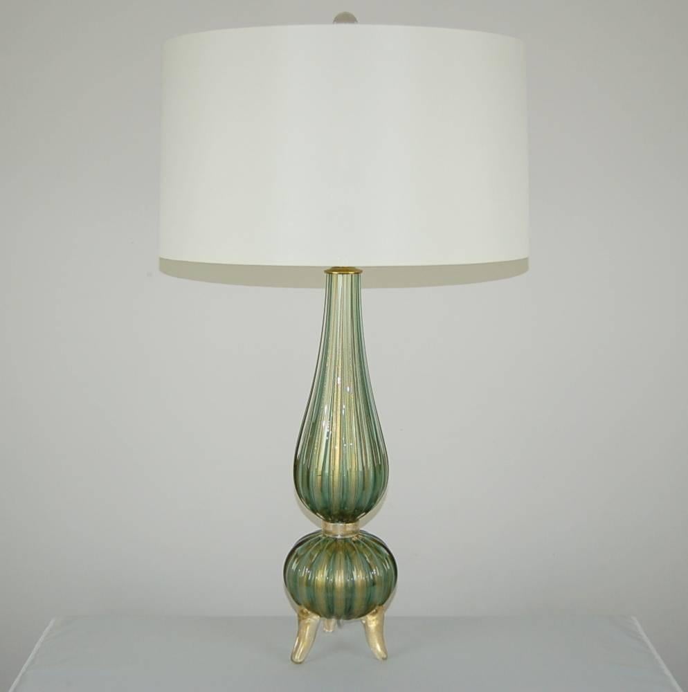 Hollywood Regency Green Murano Italian Three Footed Lamps  For Sale