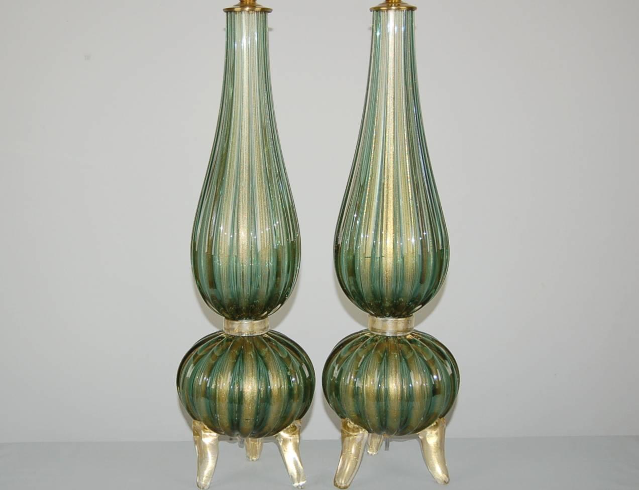Green Murano Italian Three Footed Lamps  In Excellent Condition For Sale In Little Rock, AR