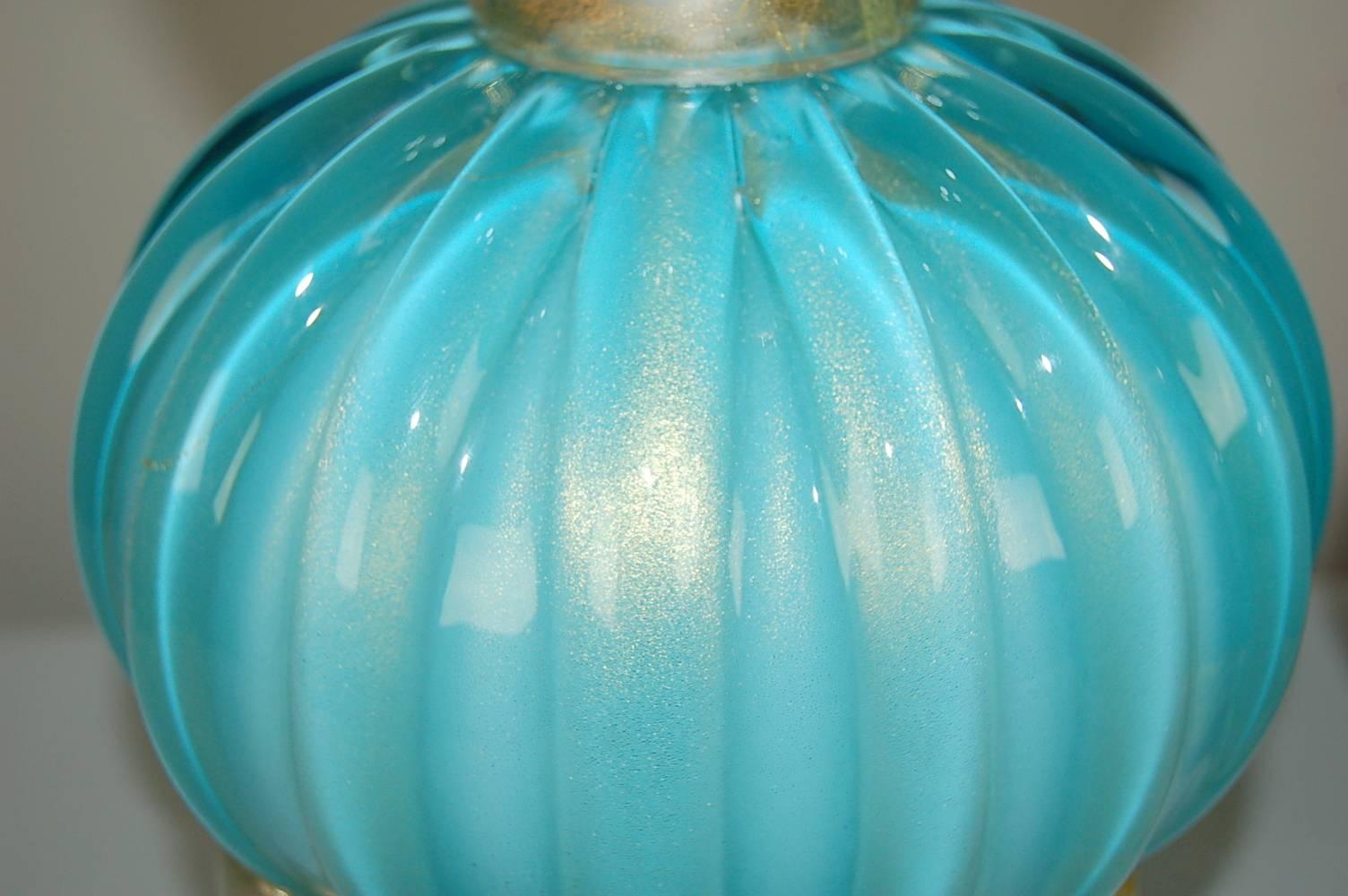 Brass Blue Murano Italian Table Lamps  For Sale