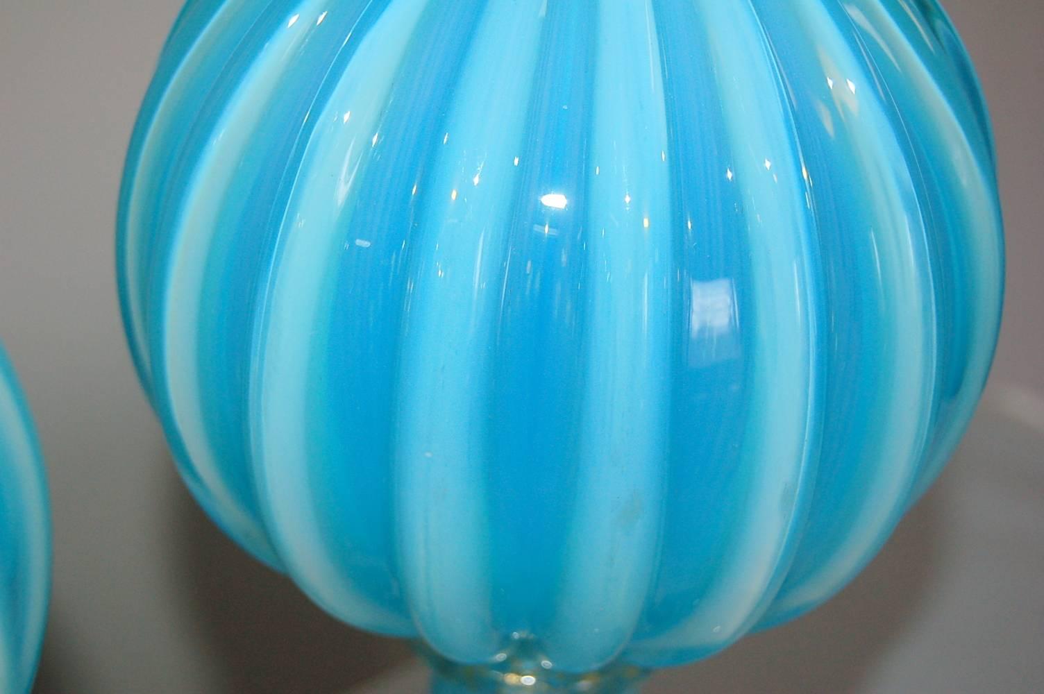Blue Opaline Vintage Italian Table Lamps For Sale 2