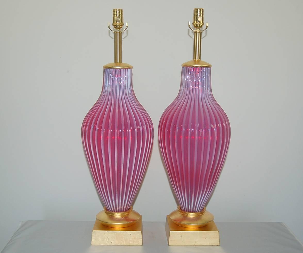 Hollywood Regency Pink Opaline Murano Vintage Table Lamps by Marbro For Sale