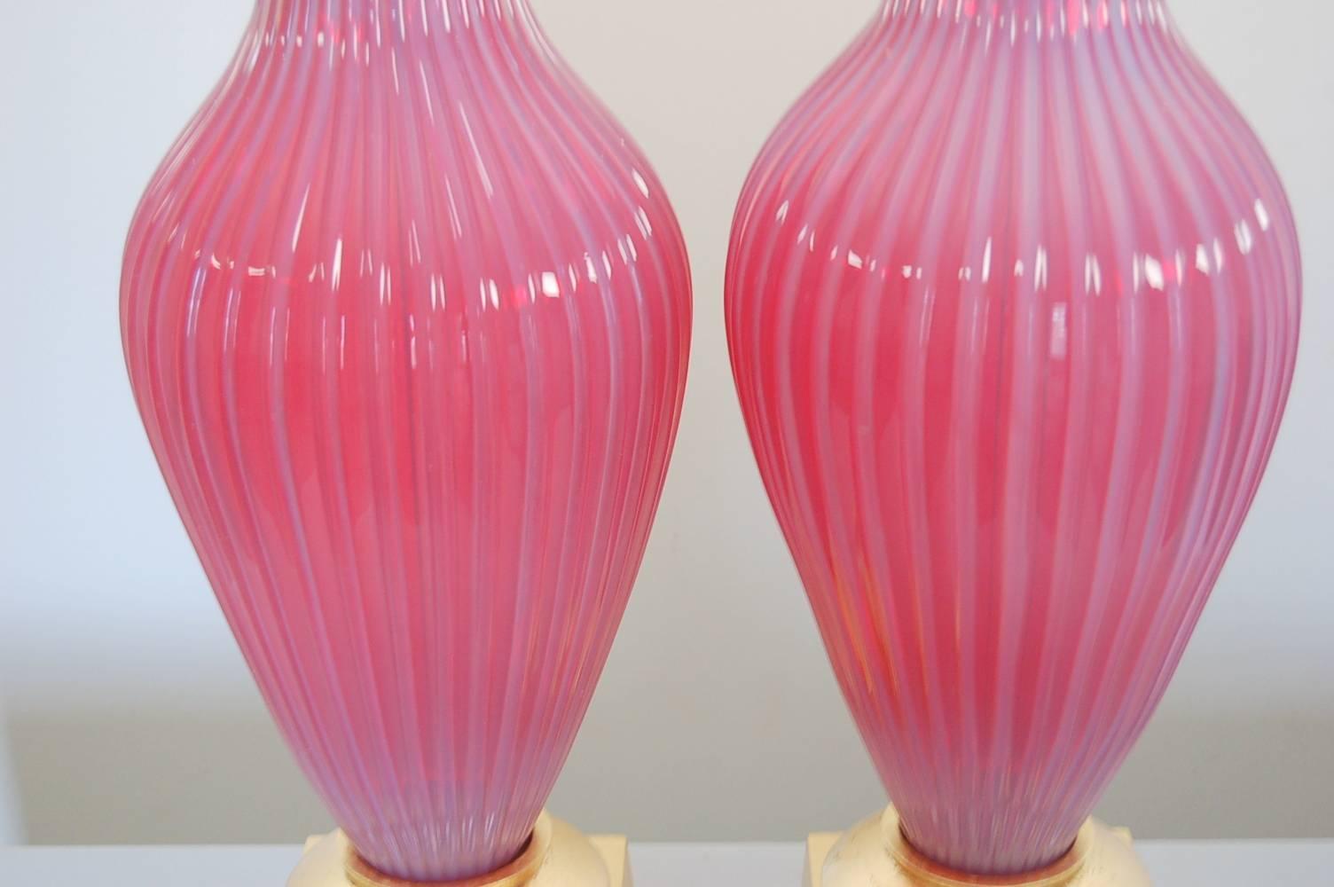 Pink Opaline Murano Vintage Table Lamps by Marbro In Excellent Condition For Sale In Little Rock, AR