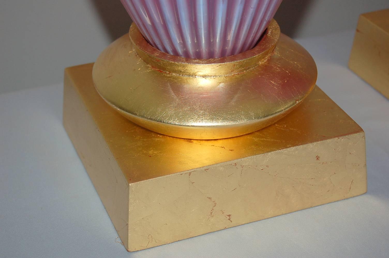 Brass Pink Opaline Murano Vintage Table Lamps by Marbro For Sale