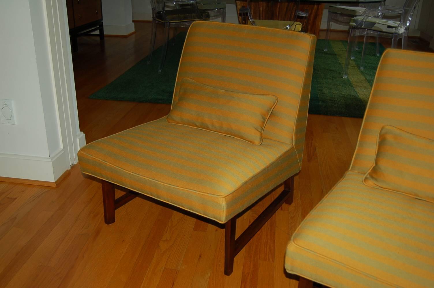 Mid-Century Modern Green Striped Slipper Chair Pair by Dunbar For Sale