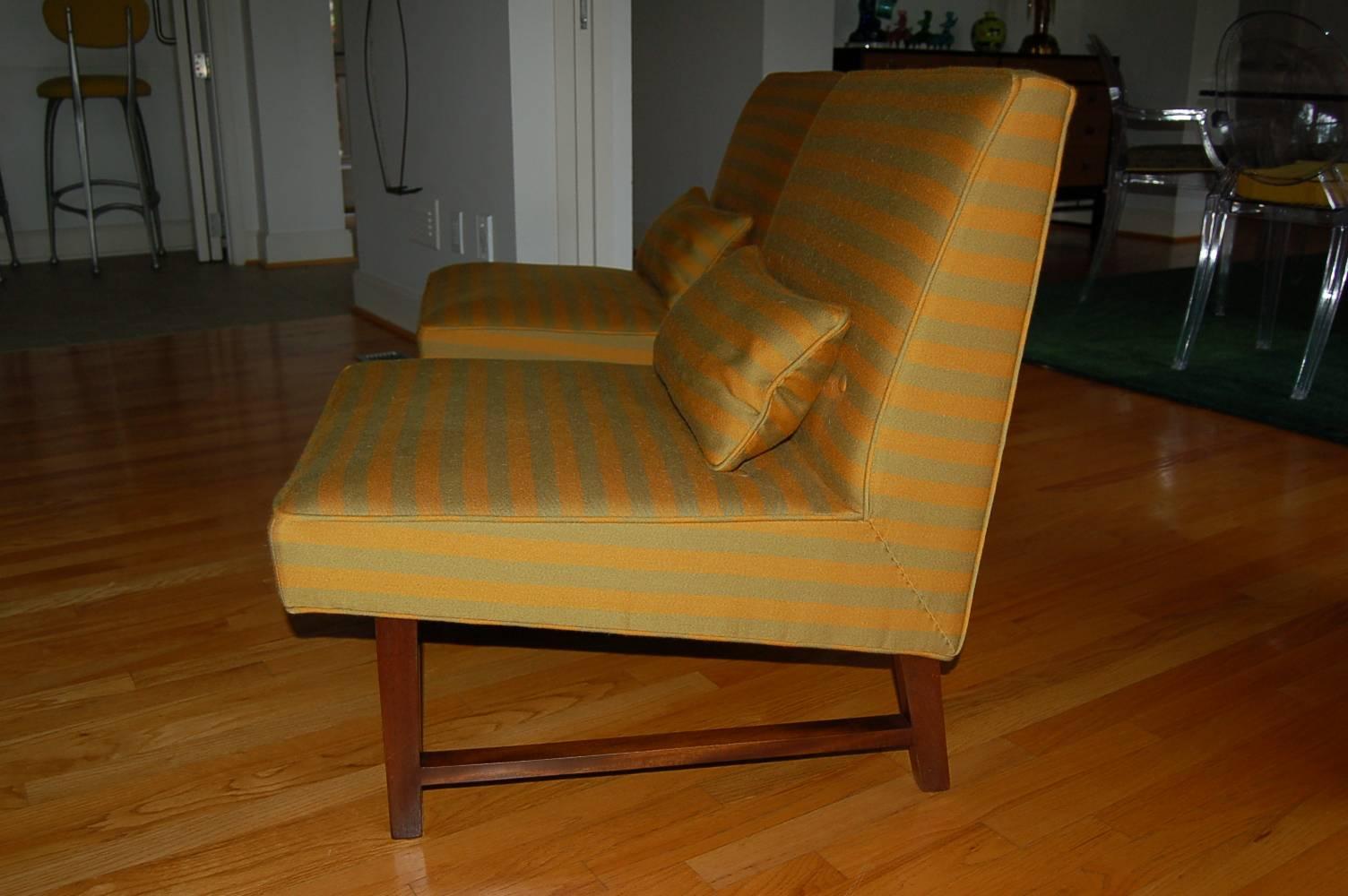 American Green Striped Slipper Chair Pair by Dunbar For Sale
