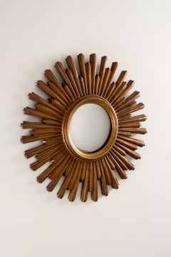 Mid-Century Gold Convex Sunburst Wall Mirror, Europe