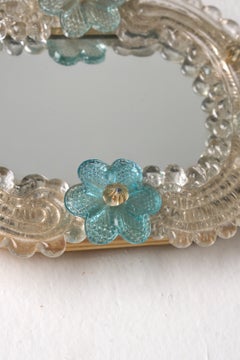 Small Vintage Venetian Murano Glass Wall Mirror with Turquoise Flowers