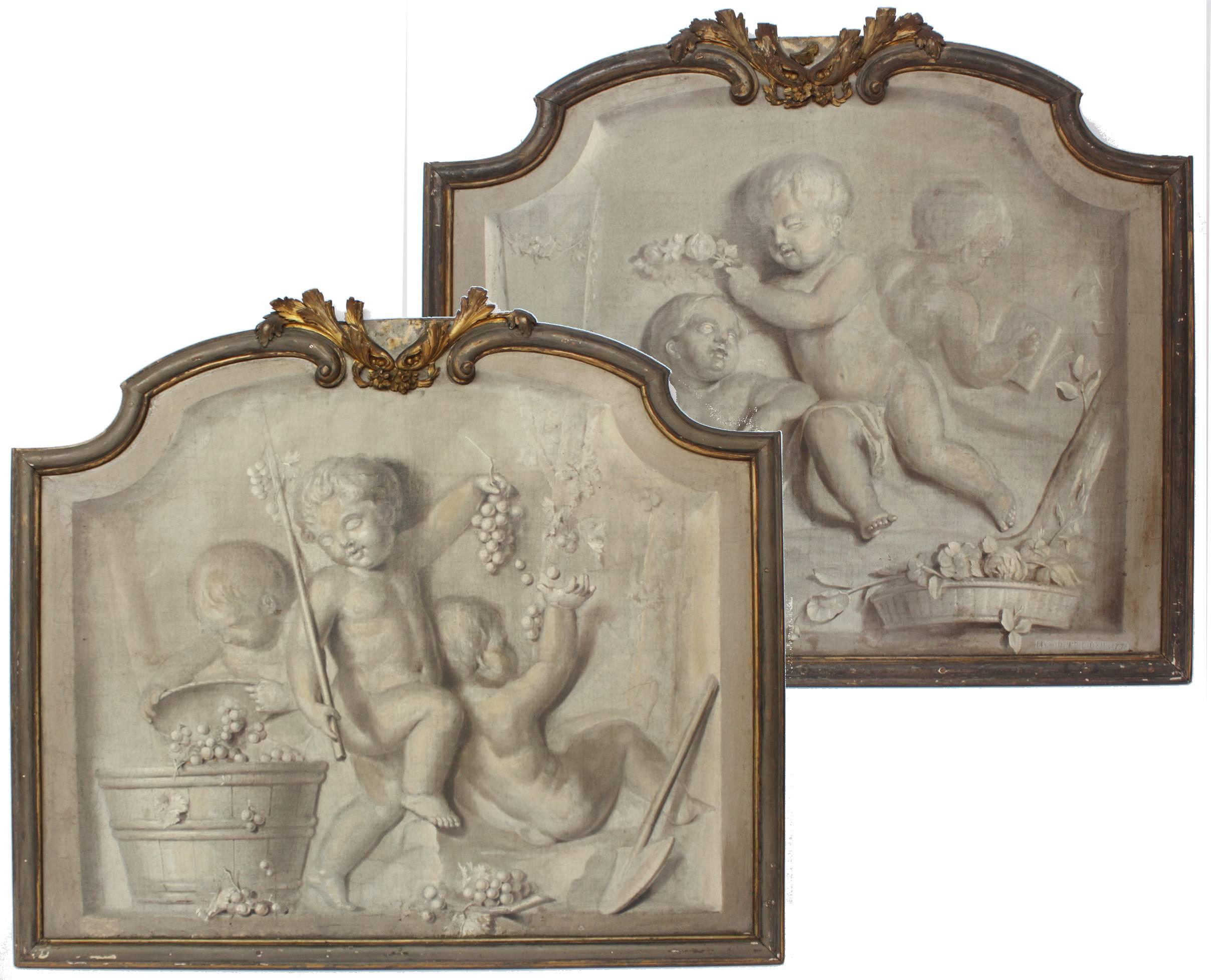 A pair of arched top Louis XVI style paintings on framed canvas panels, of groups of putti en grisaille trompe l'oeil, three putti each painting, one canvas with flowers (spring), the other canvas with grapes (Autumn), carved and gilded frame, as