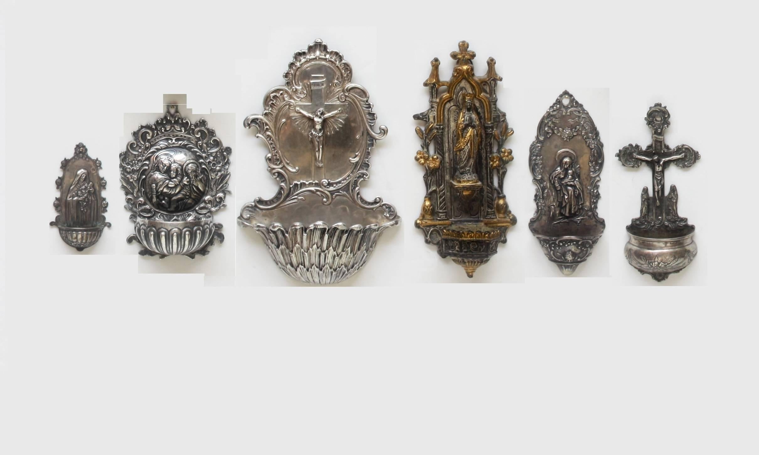 WILL SELL INDIVIDUAL PIECES FROM COLLECTION
in order, from left to right

IMAGE 3 
$295.00
antique sterling silver holy water font, scalloped edges with roses, image of St. Therese 