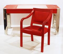1986 Signed Karl Springer Leather and Chrome Writing Desk and Leather Chair