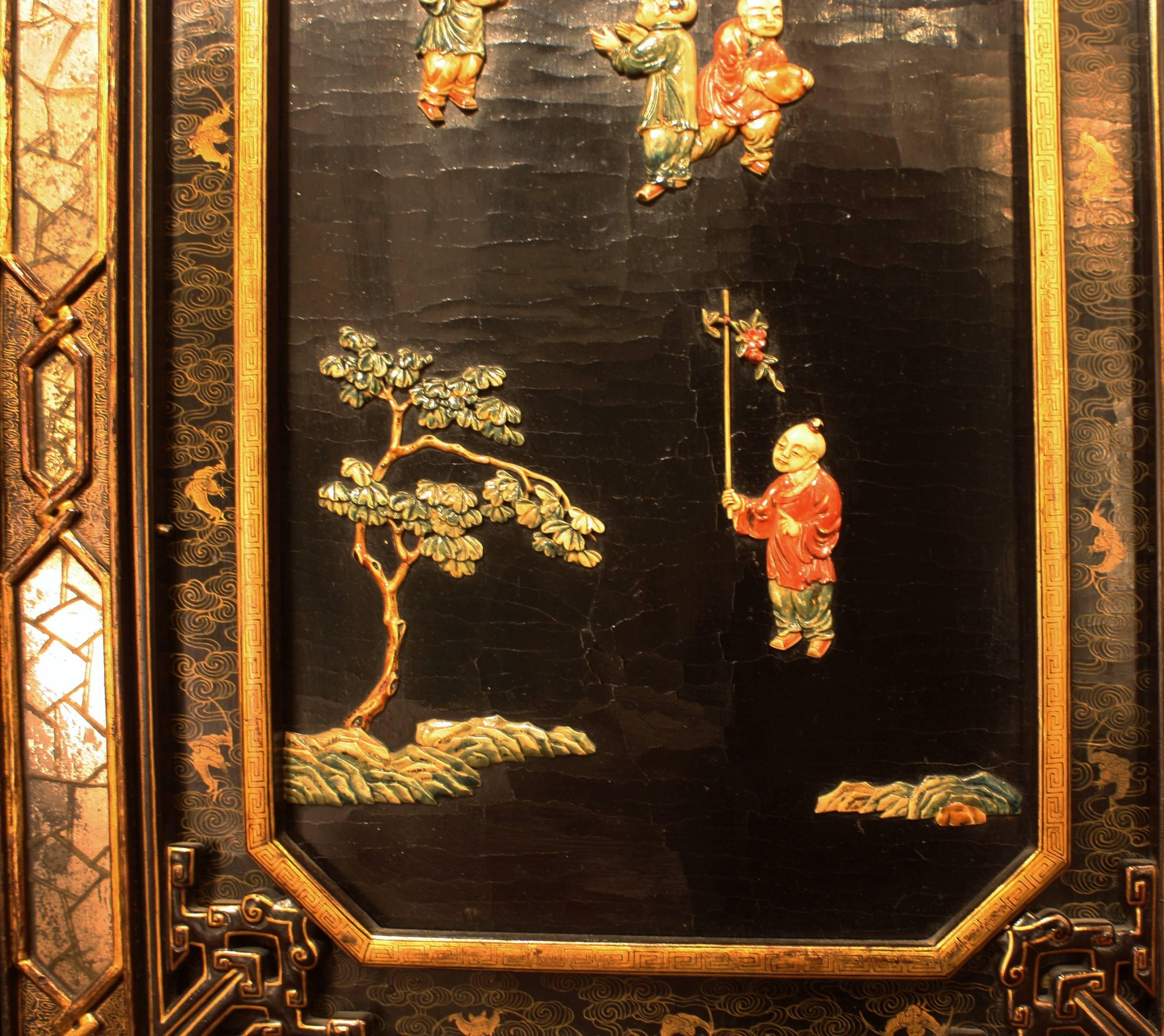 19th Century Chinese Hardwood, Black Lacquer, Eglomise Stone Six Panel Screen In Excellent Condition In Dallas, TX