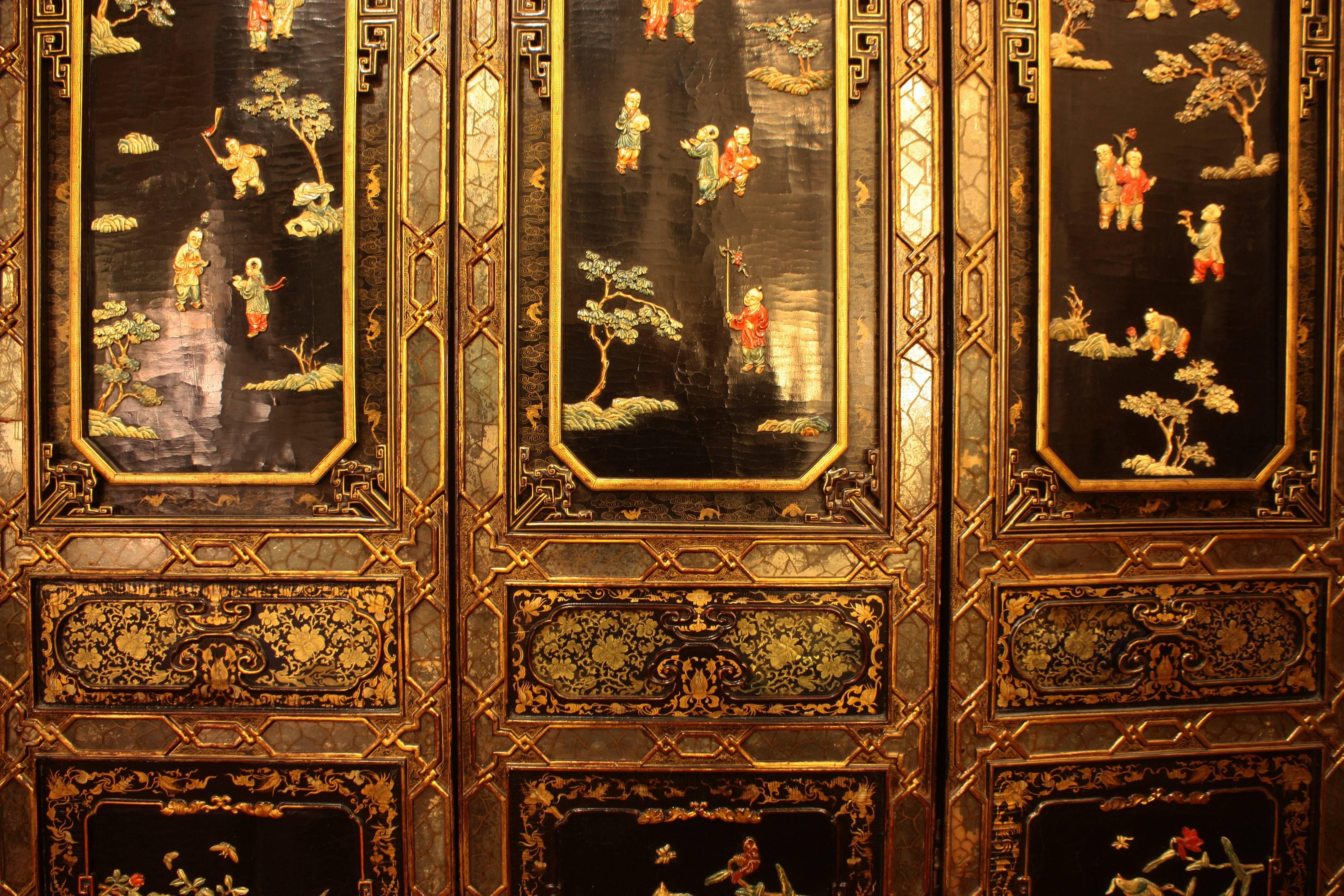 Chinoiserie 19th Century Chinese Hardwood, Black Lacquer, Eglomise Stone Six Panel Screen