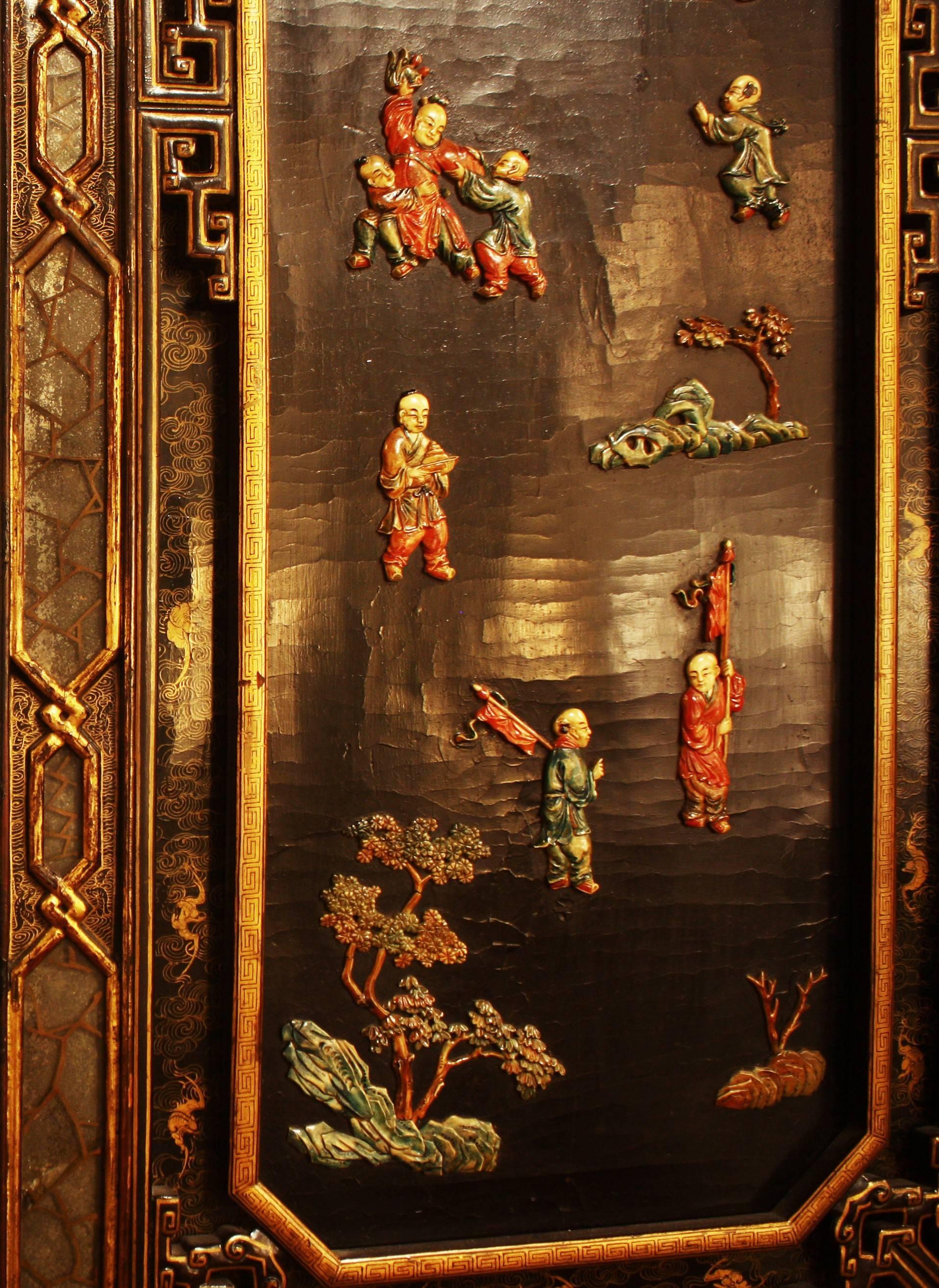 Gilt 19th Century Chinese Hardwood, Black Lacquer, Eglomise Stone Six Panel Screen