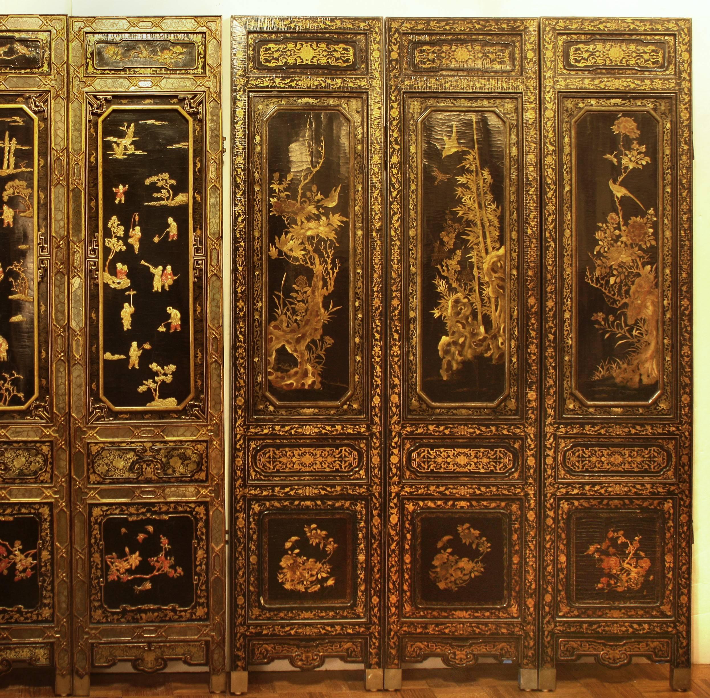 19th Century Chinese Hardwood, Black Lacquer, Eglomise Stone Six Panel Screen 1