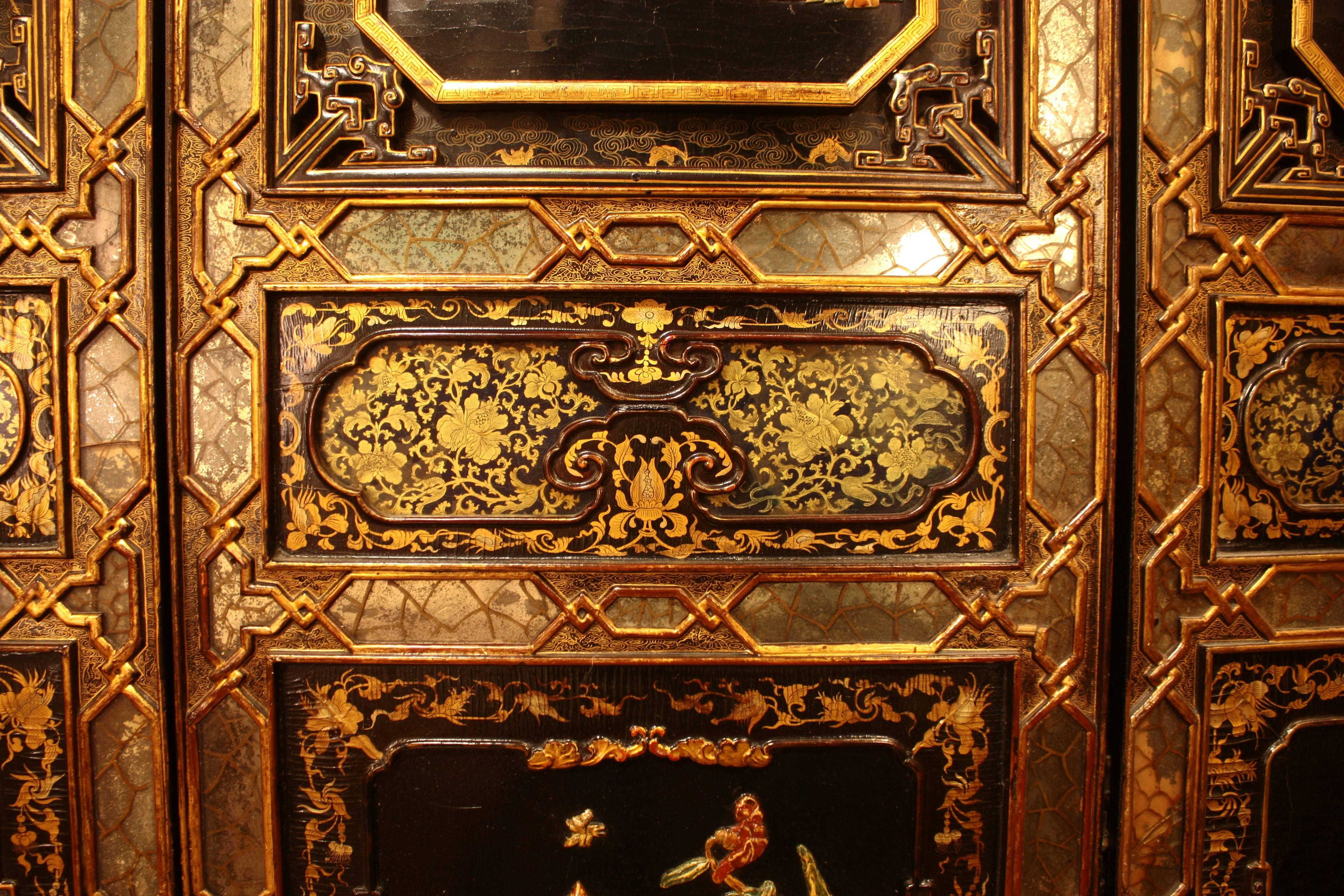 19th Century Chinese Hardwood, Black Lacquer, Eglomise Stone Six Panel Screen 2