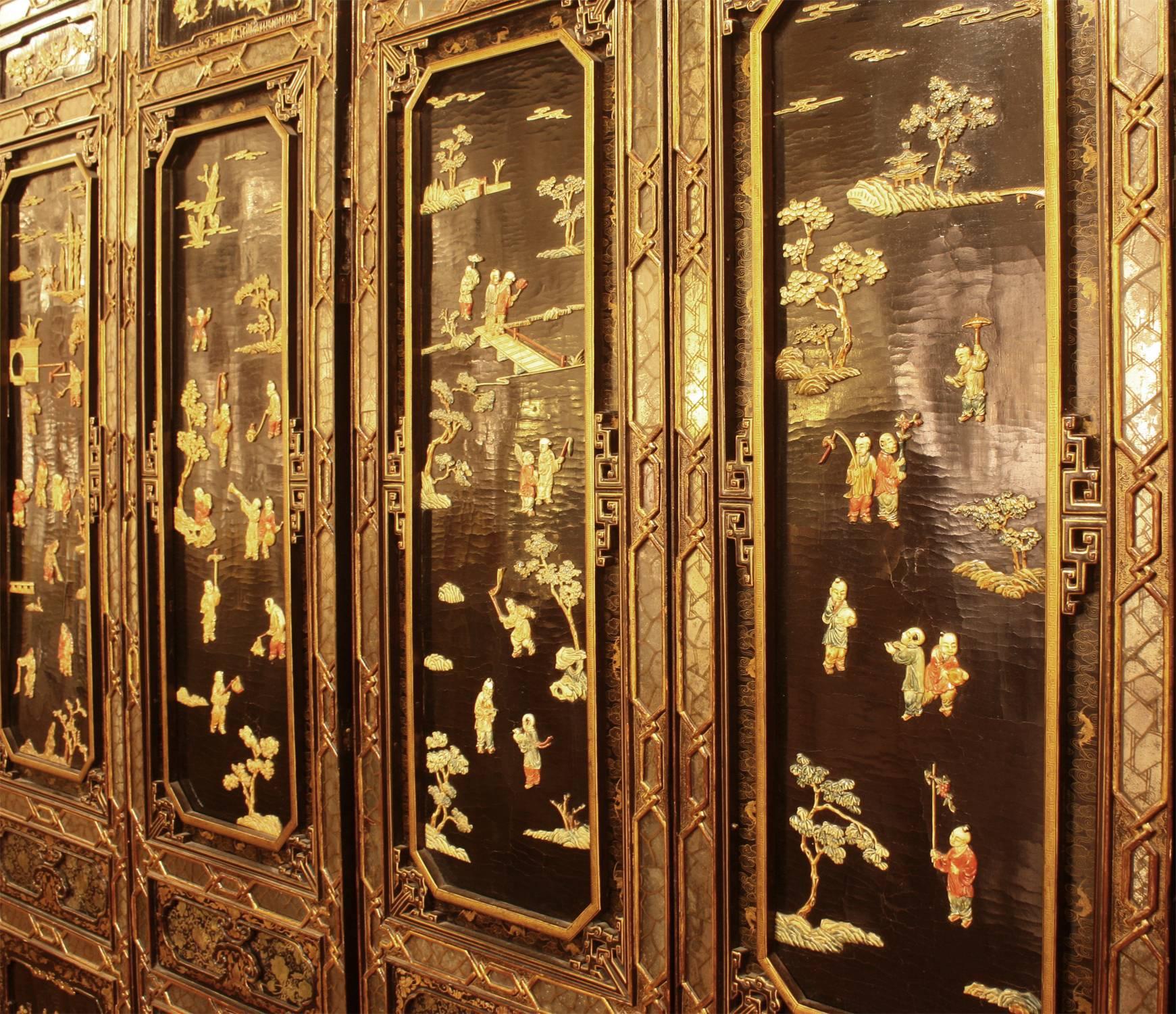 19th Century Chinese Hardwood, Black Lacquer, Eglomise Stone Six Panel Screen 3