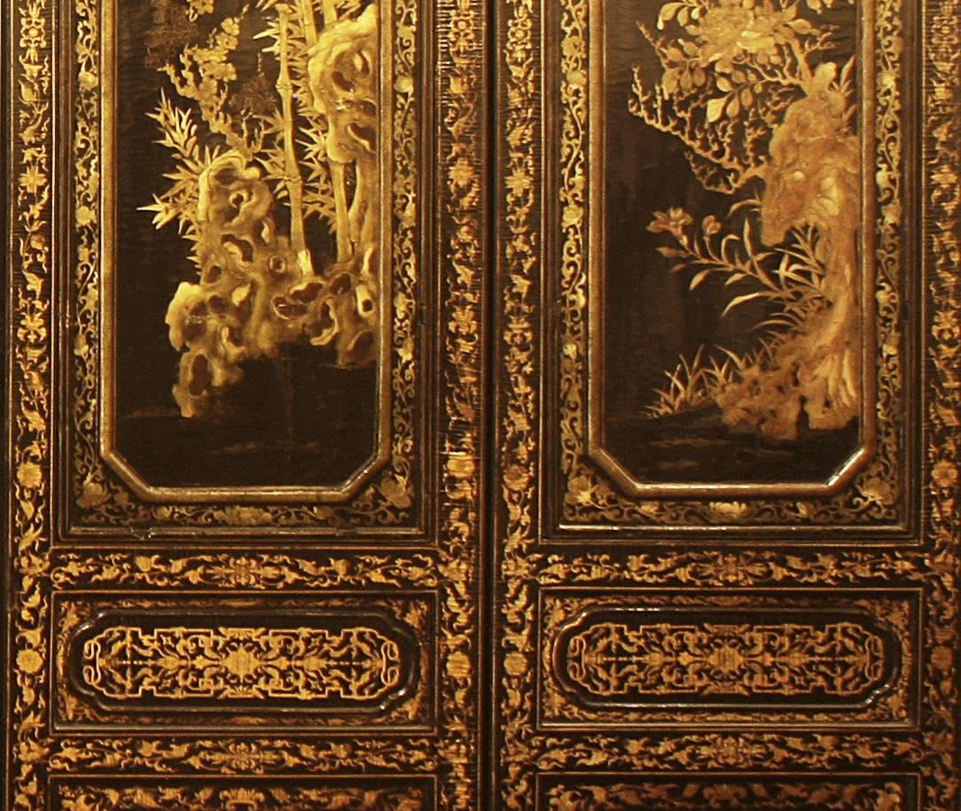 19th Century Chinese Hardwood, Black Lacquer, Eglomise Stone Six Panel Screen 4