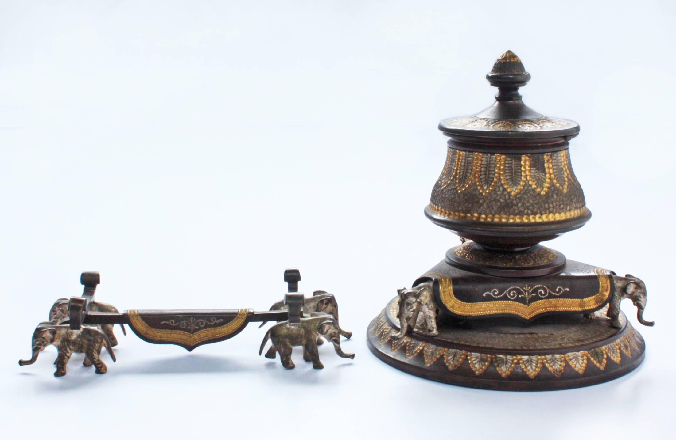 Anglo-Indian Patinated and Gilt Bronze Inkwell with Pen Holder