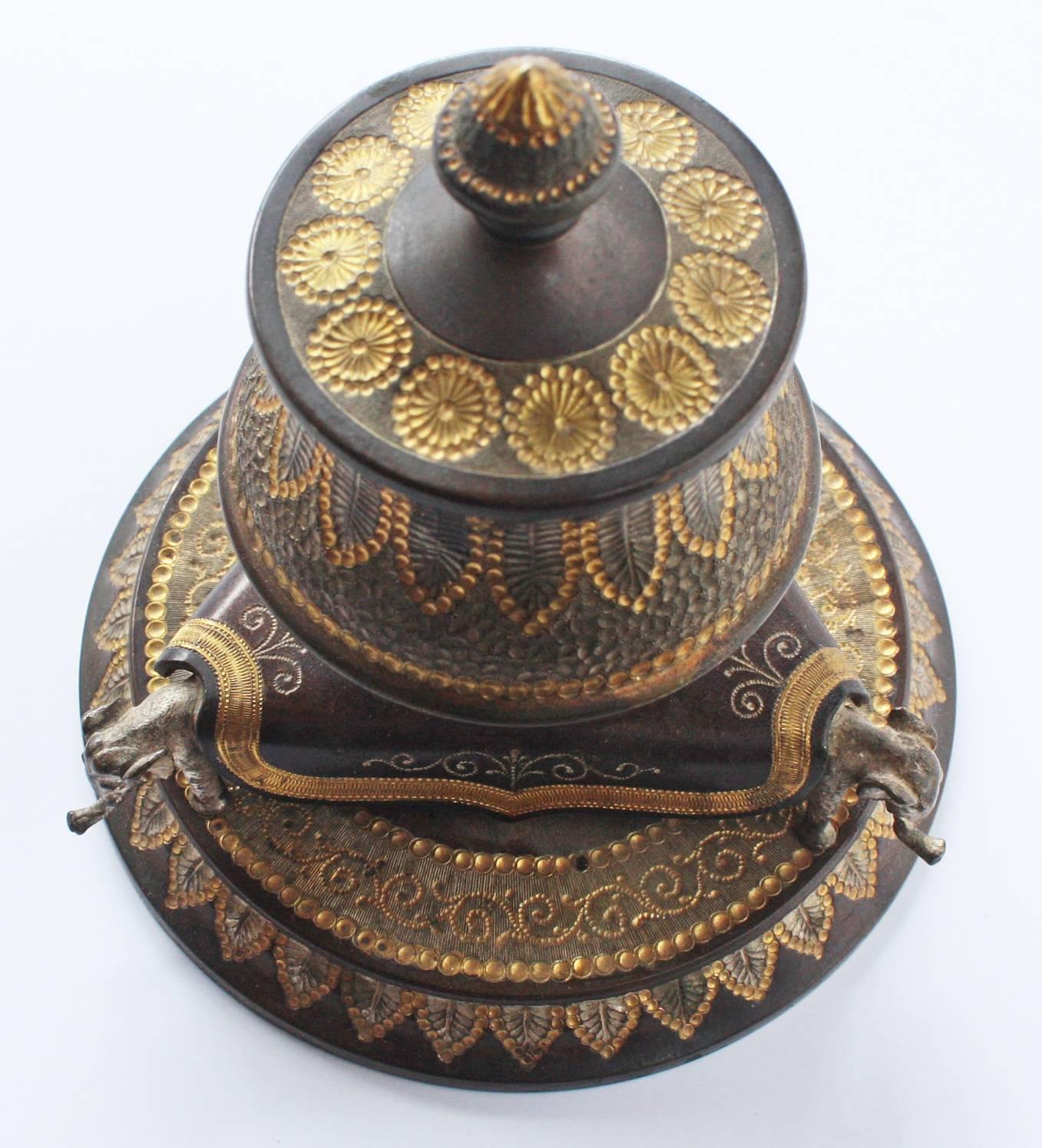 Indian Patinated and Gilt Bronze Inkwell with Pen Holder