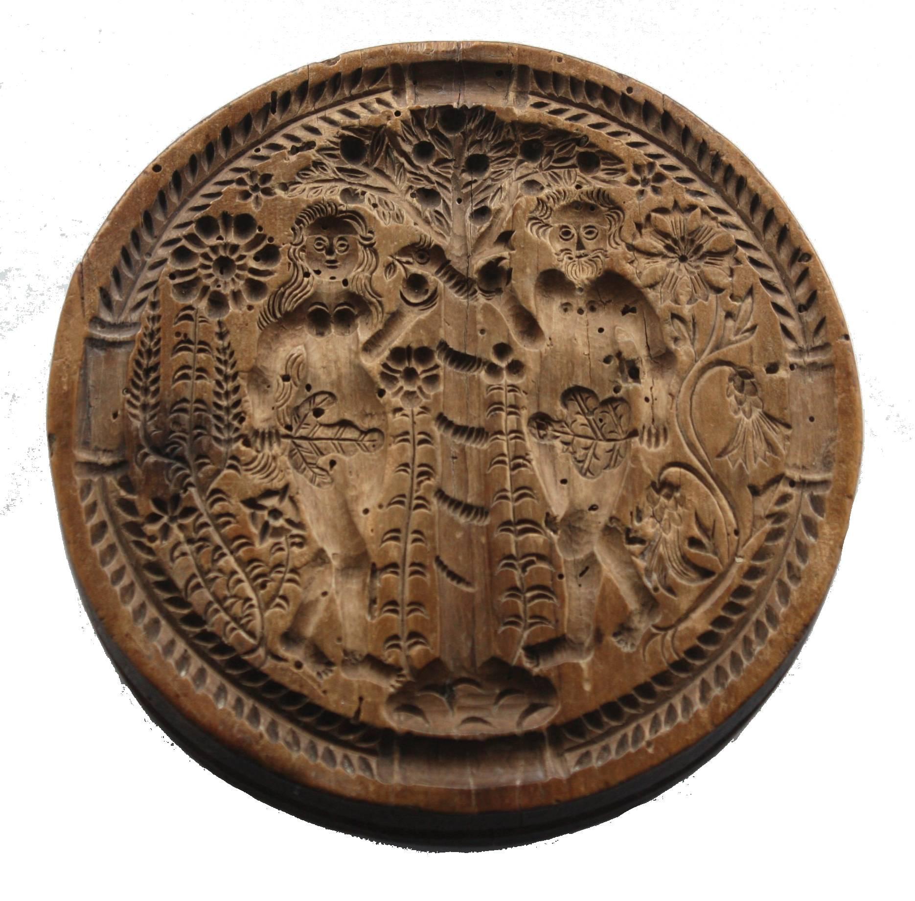 A double-sided Springerle or shortbread cookie mold / press, different religious design each side, Adam and Eve with the serpent in the Garden and Jonah and the Whale,

the main photo depicts both sides of the same double-sided mold.

Germany or
