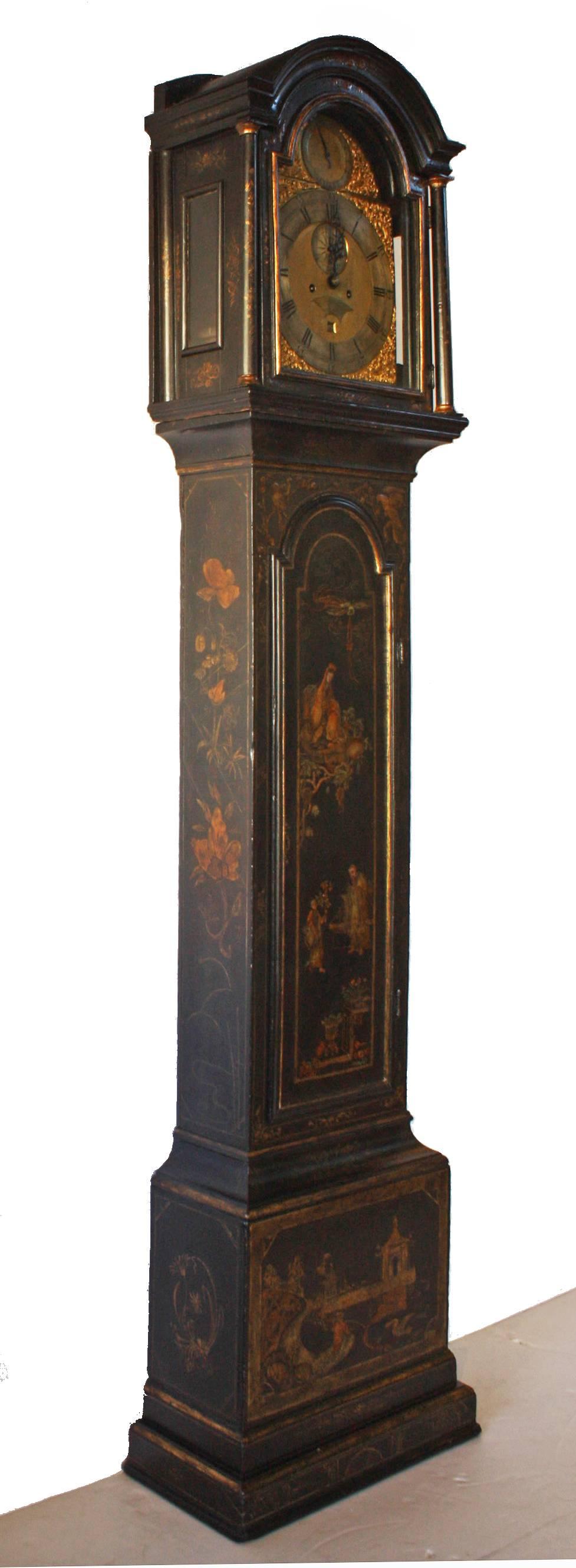 A George II longcase clock with chinoiserie decoration by London clock and watchmaker John Crouch / Knightsbridge (an exclusive residential and retail district in central London).