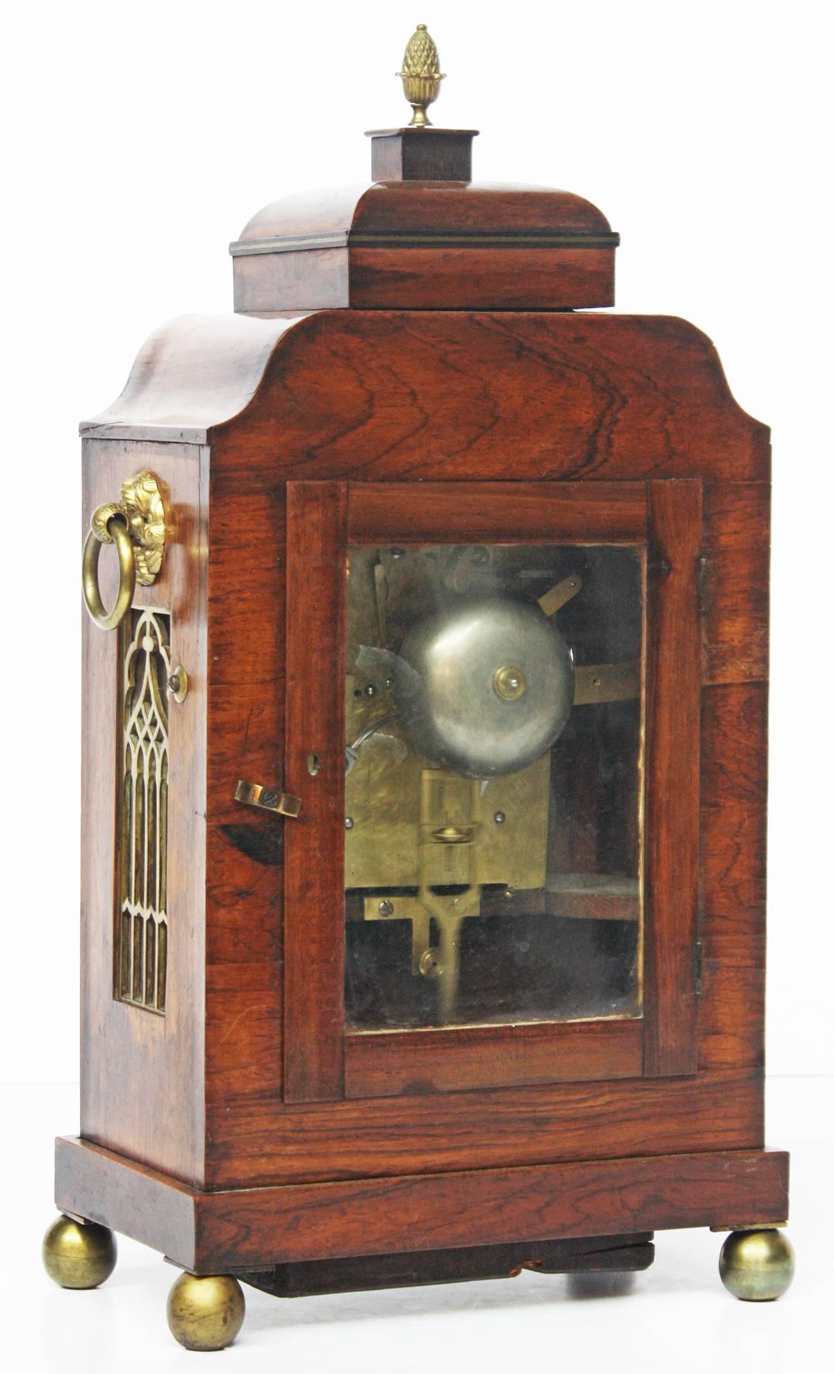 19th Century English Regency Rosewood Bracket Clock with Brass Inlay