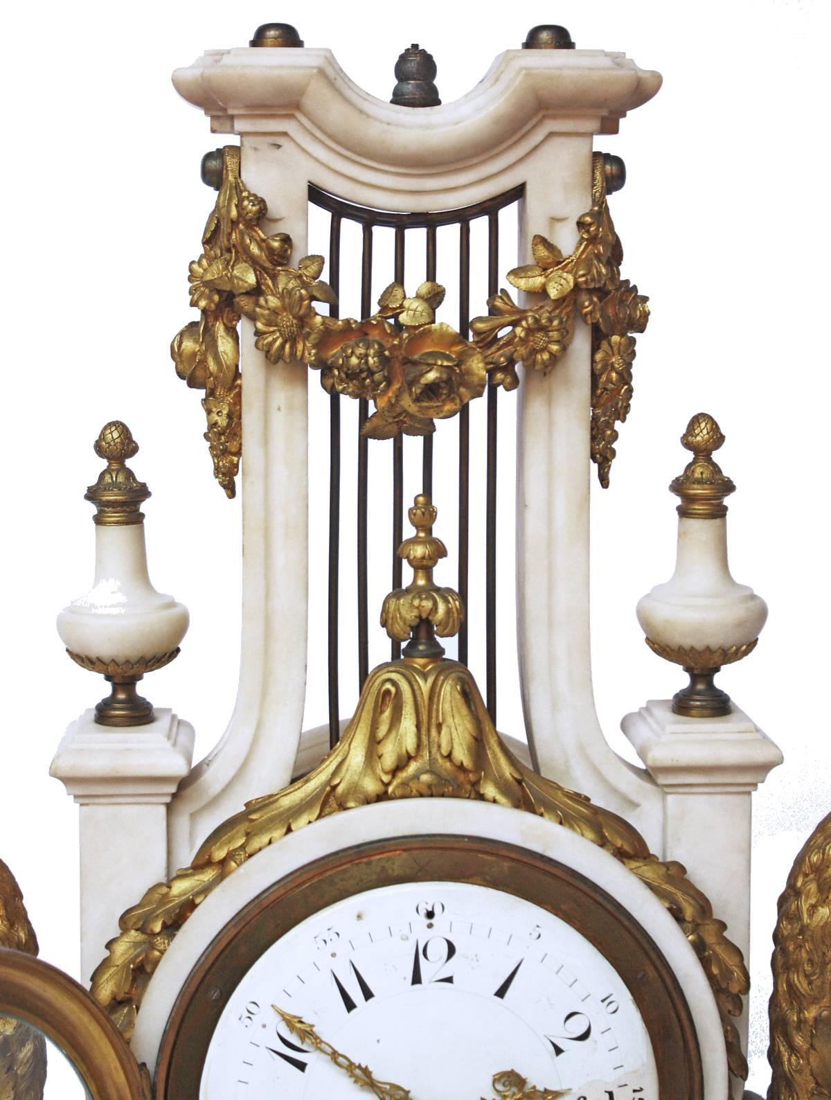 19th Century French Louis XVI-Style Marble and Gilt Bronze Lyre-Form Clock