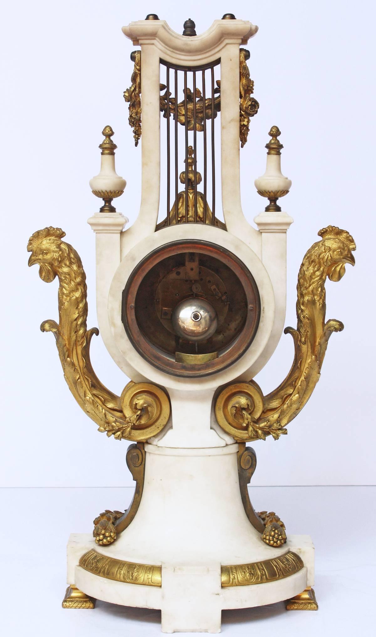 French Louis XVI-Style Marble and Gilt Bronze Lyre-Form Clock 2