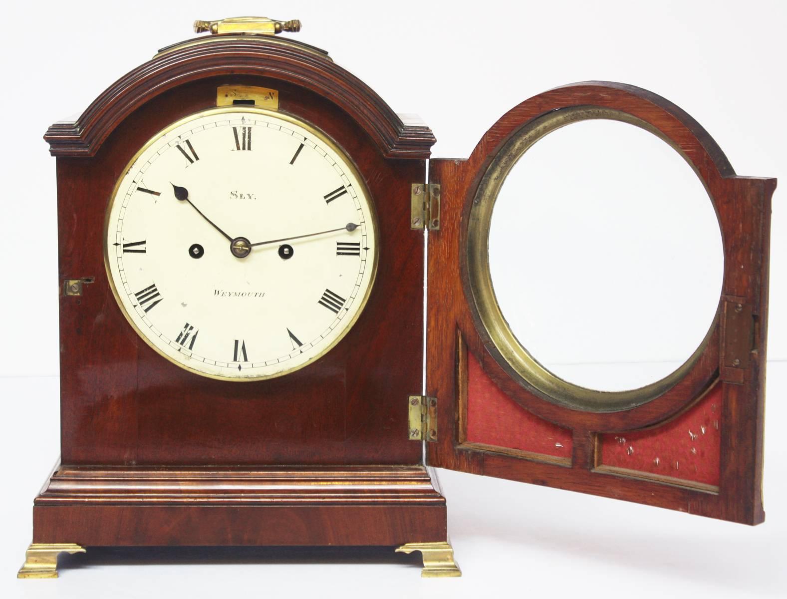 English George II Mahogany Arched-Top Bracket Clock by Sly, Weymouth, England For Sale