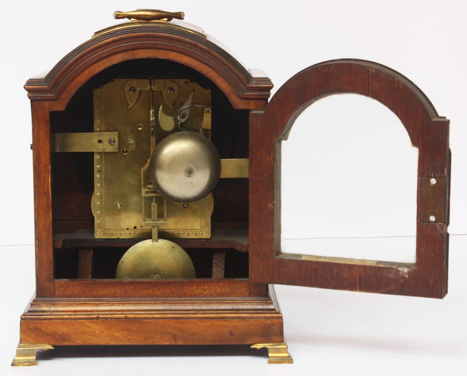 Gilt George II Mahogany Arched-Top Bracket Clock by Sly, Weymouth, England For Sale