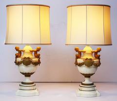 Pair of Louis XVI Style Marble and Gilt Bronze Lamps
