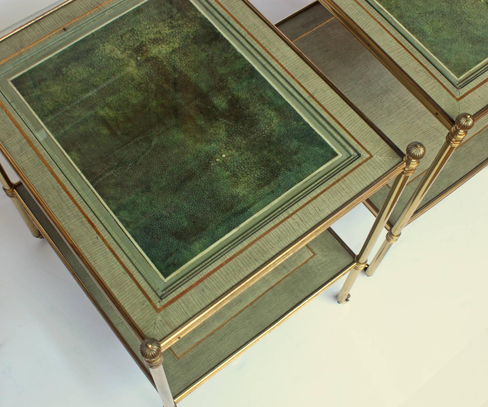 Gilt Pair of Baguès Tables with Inset Bookmatched Shagreen