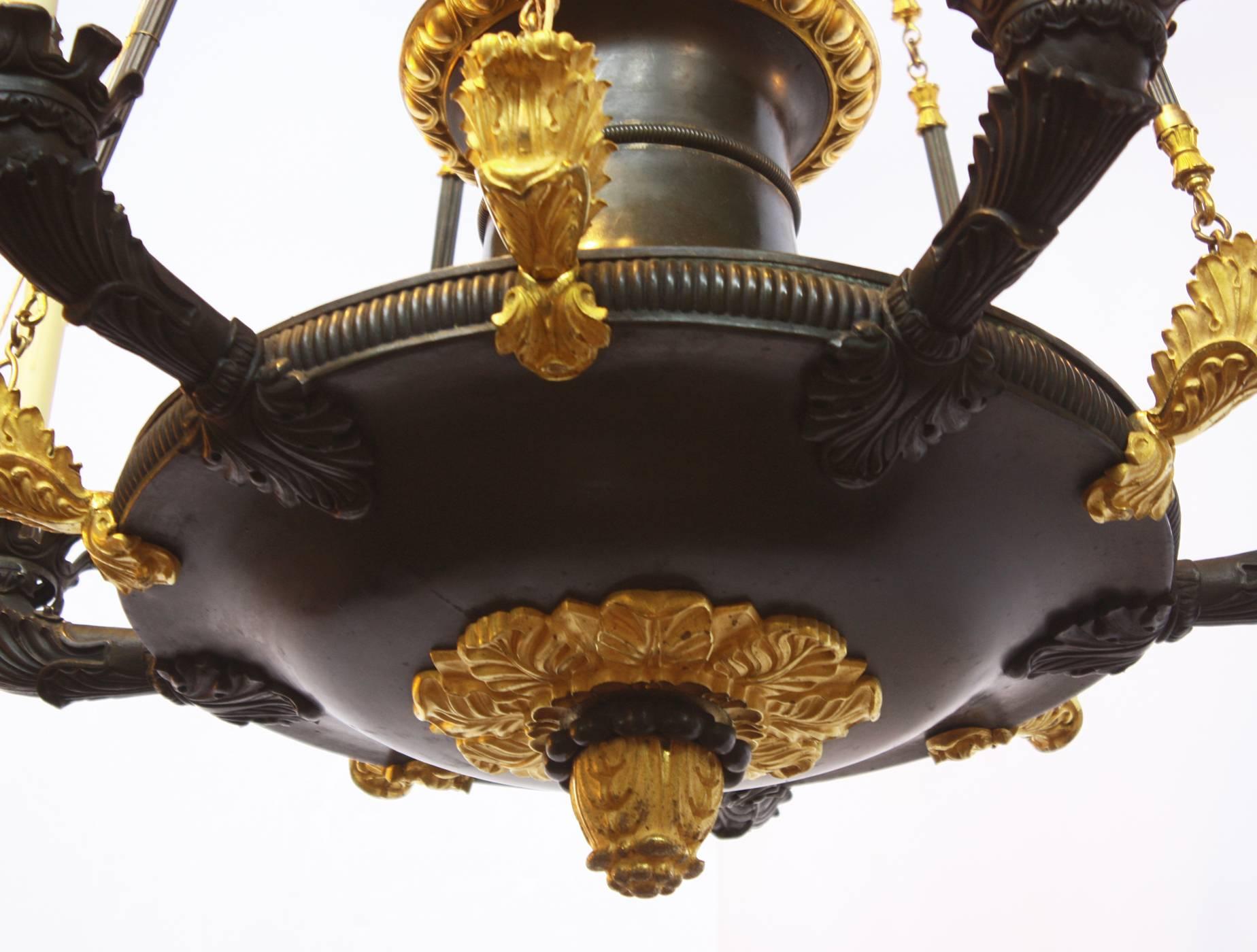French Empire Patinated and Gilt Bronze Five-Arm Argon Chandelier In Good Condition In Dallas, TX