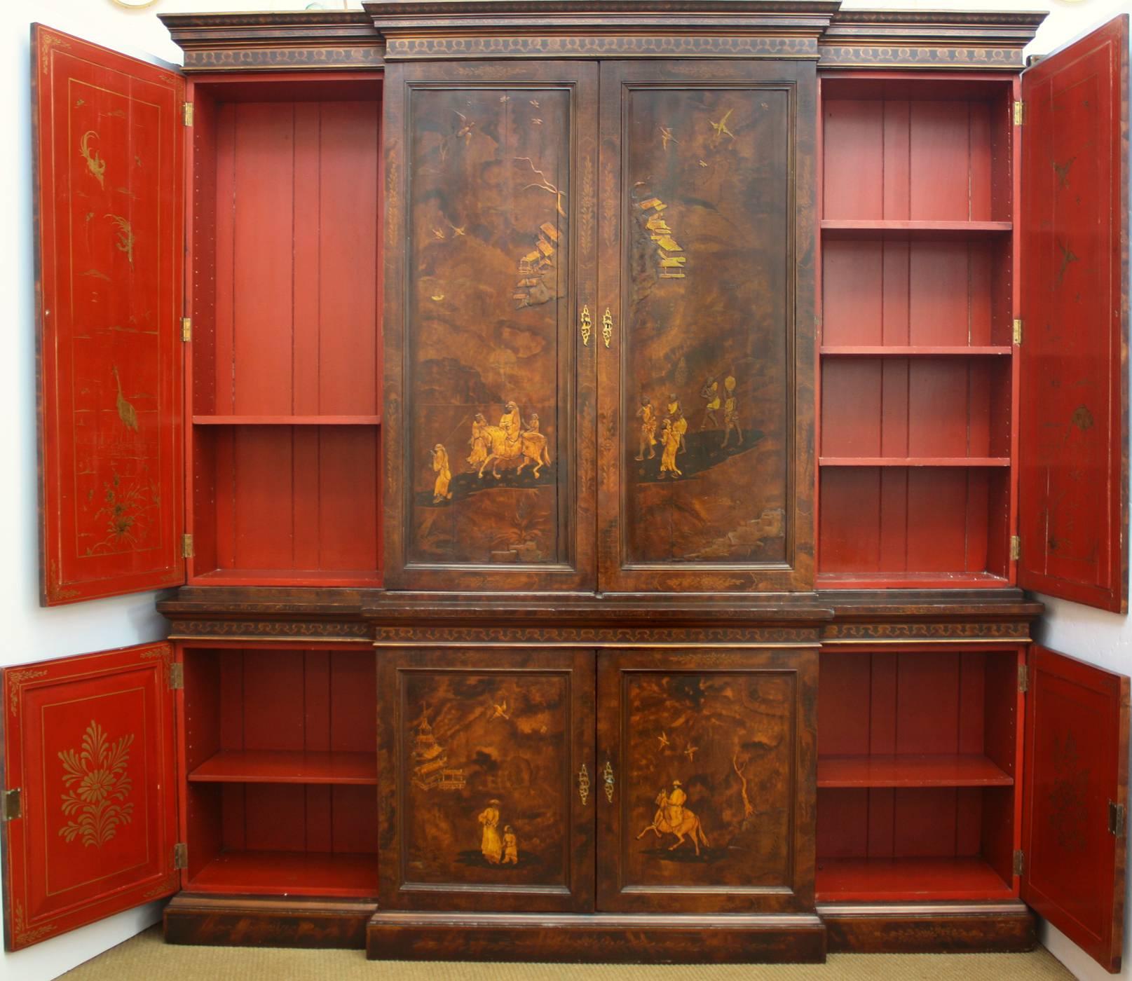 English Chinoiserie George III Breakfront Bookcase with Adjustable Shelves