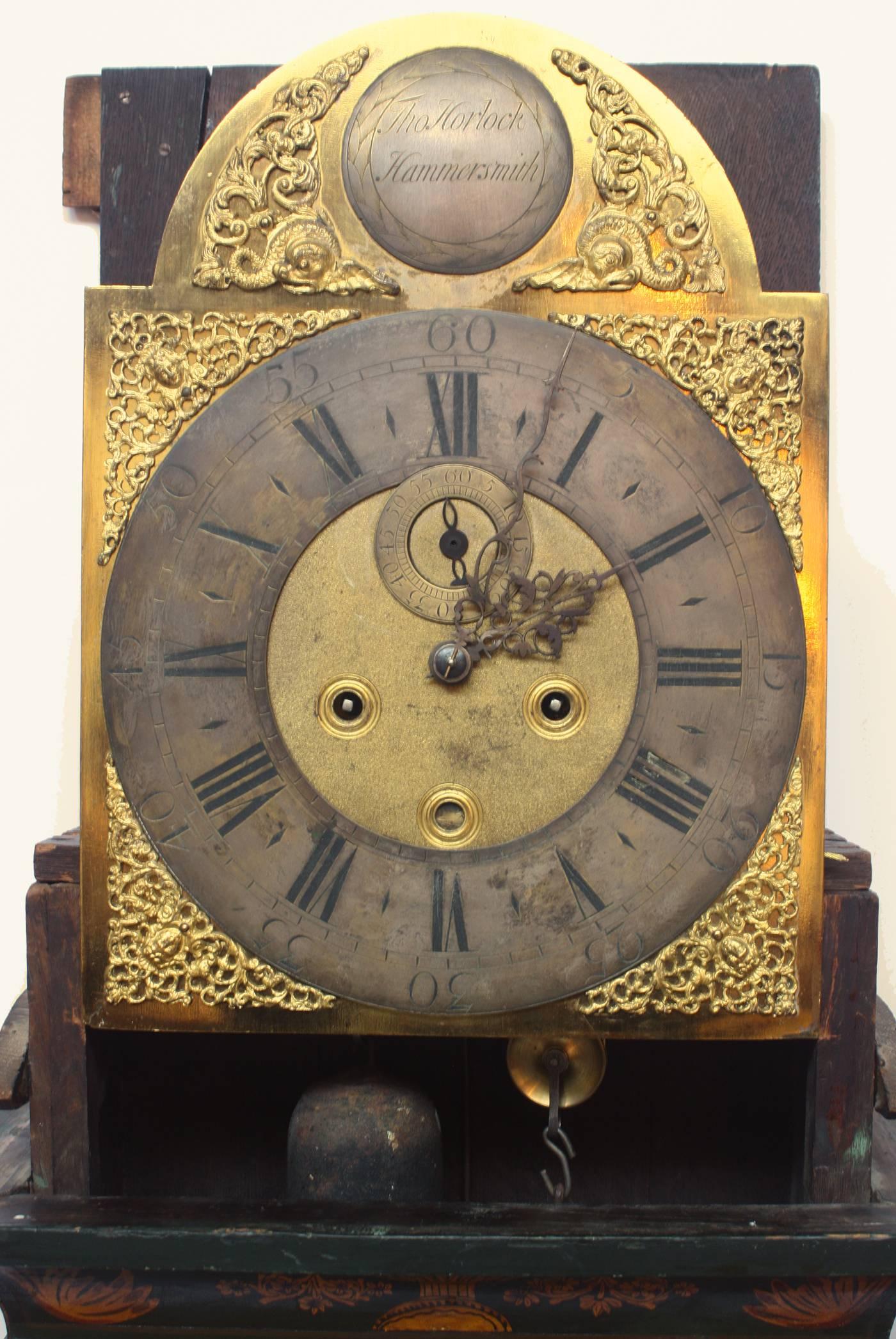 Clock by Thomas Horlock / Hammersmith, with tall green chinoiserie case with gilt decoration including a ship (see Image 1, bottom), face has silvered dial with great patina, painted numbers, chimes, beautiful bell.