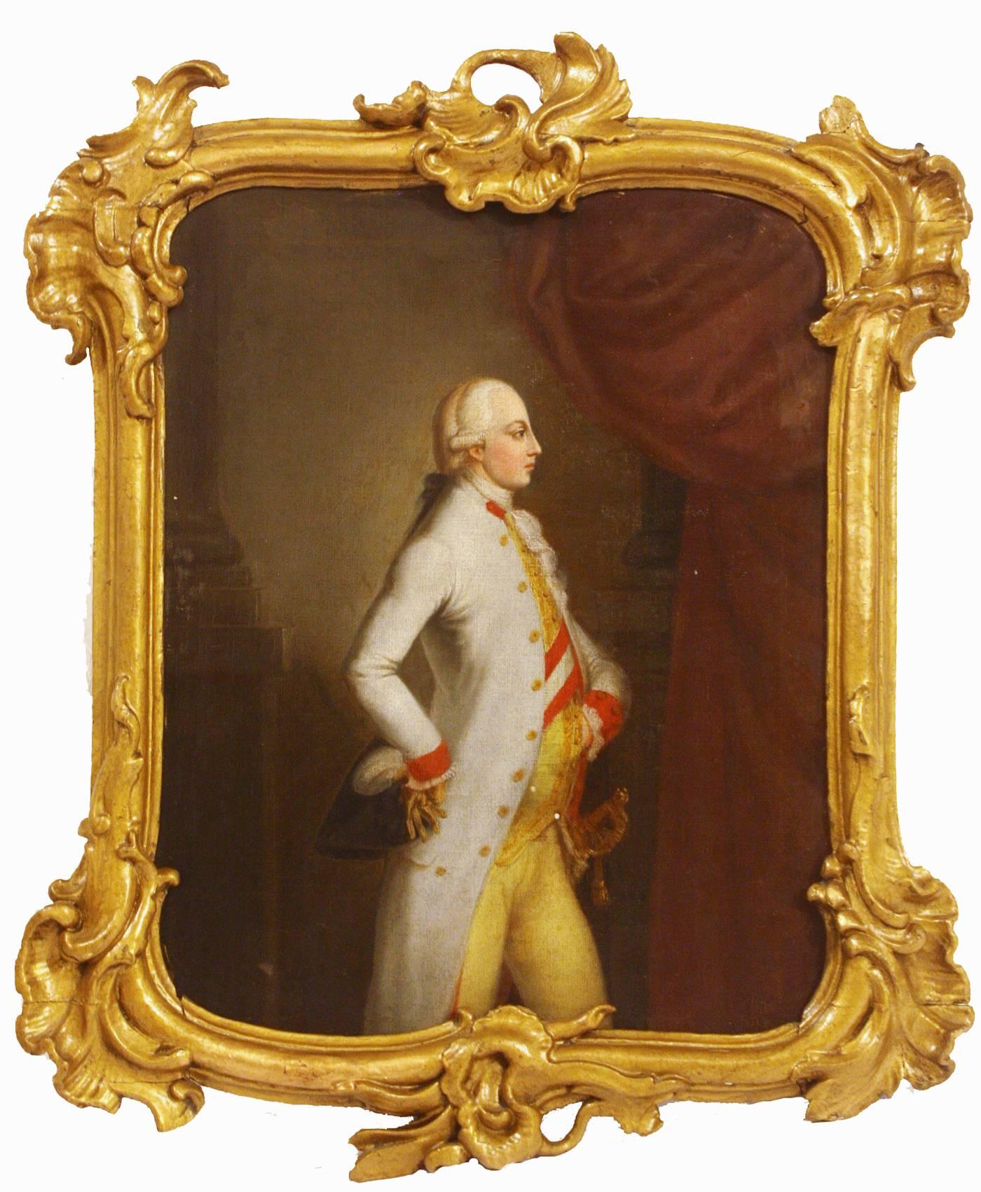 Pair of 18th century portraits in period Rococo frames, relined, Joseph II was Holy Roman Emperor from 1765-1790, ruler of the Habsburg lands from 1780-1790, eldest son of Empress Maria Theresa and her husband Francis I, Leopold and Joseph II were