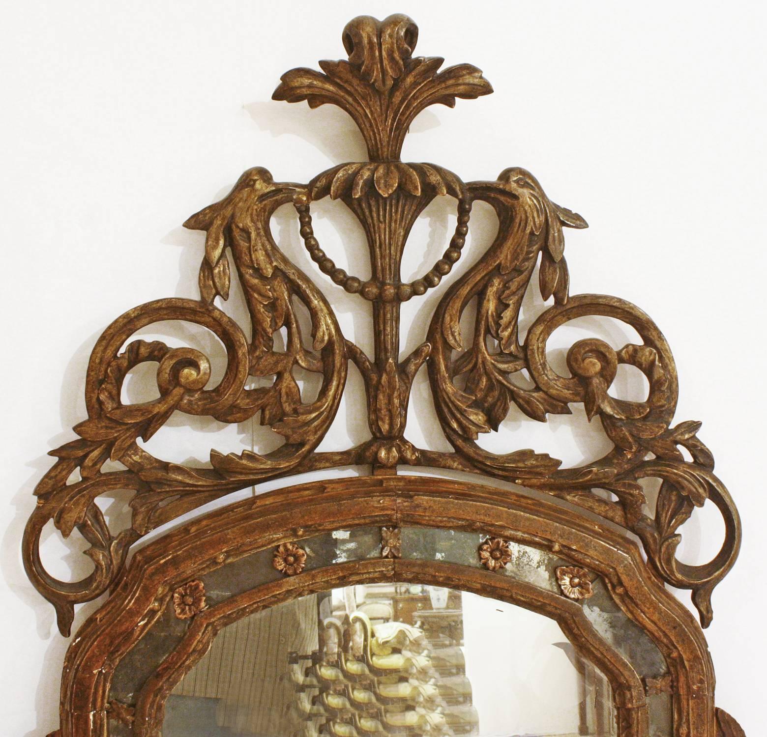 Carved and gilded 18th century Italian neoclassical pier mirror with mirrored border and carved open work top with bird's heads and leafy foliage including flowers, mirror frame bottom has cornucopia/horn shaped feet with swagged garland.