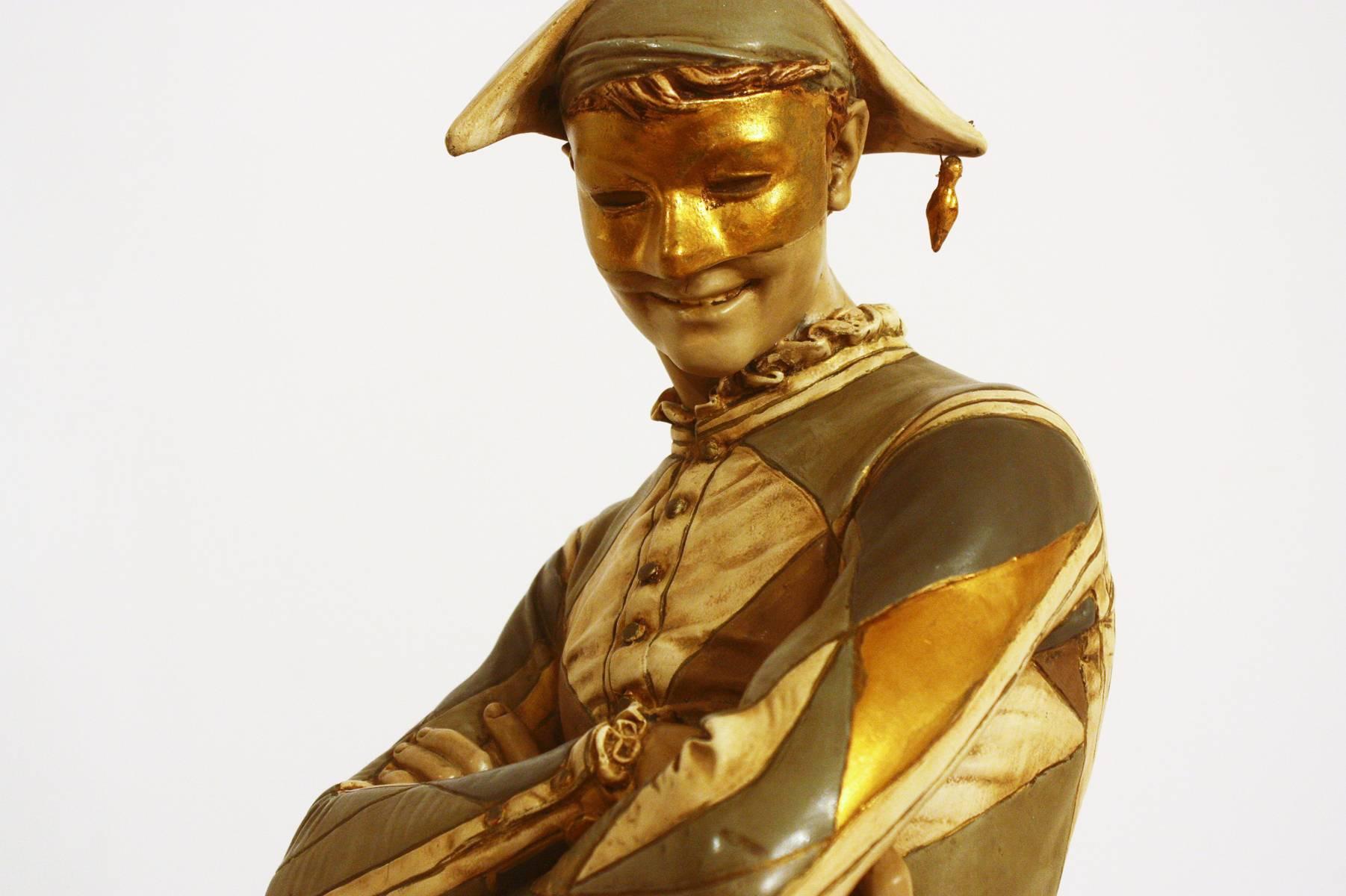 A vintage monumental painted plaster harlequin / jester/ joker lamp with new barrel shade by Marbro, circa 1968, from the original 1879 bronze sculpture by French sculptor Rene´ de Saint-Marceaux (1845-1915)

Measure: base is 13