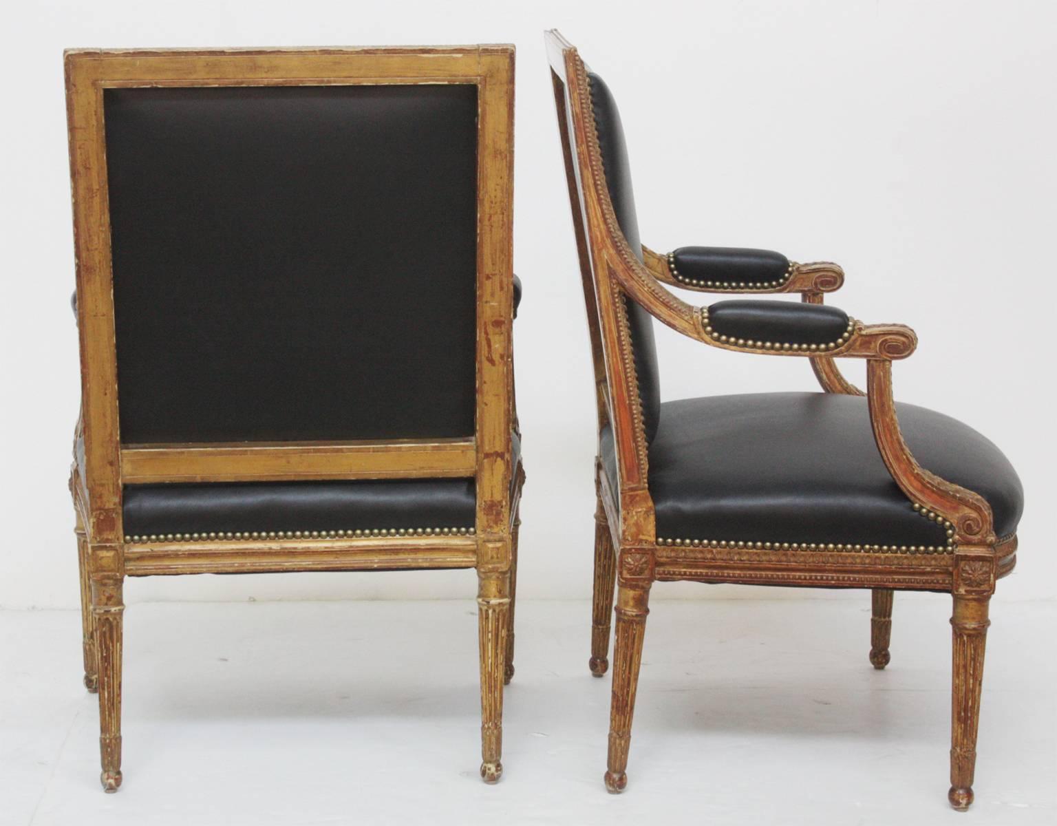 French Louis XVI Style Carved and Gilded Fauteuils, Two Pairs