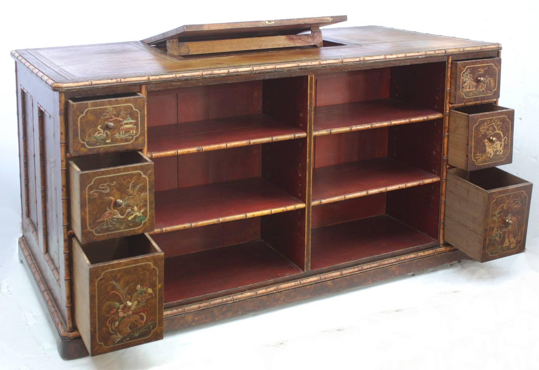 Embossed Chinoiserie Desk / Library Table with Faux Bamboo Trim