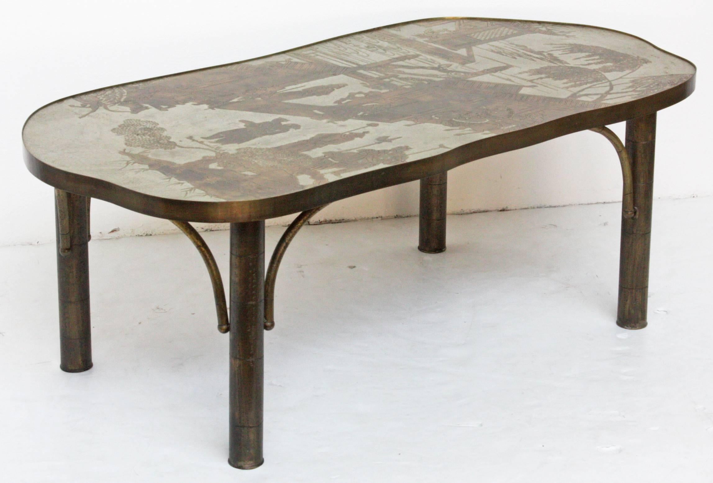 A La Verne acid etched bronze / mixed metals coffee table with chinoiserie decoration / scene, faux bamboo metal legs with curved brackets, signed on top.