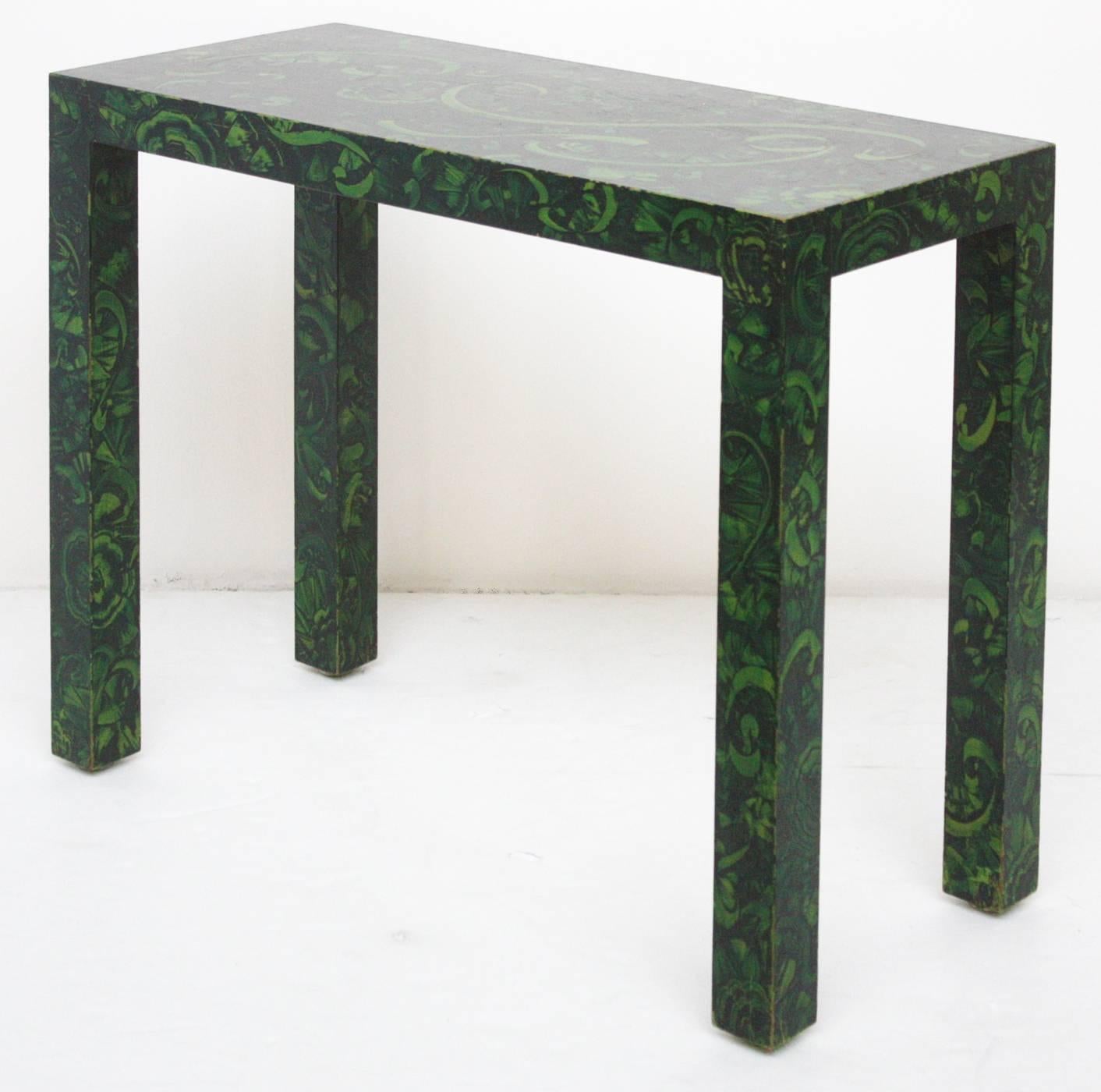 Vintage parsons console table, faux malachite, late 1960s / early 1970s.