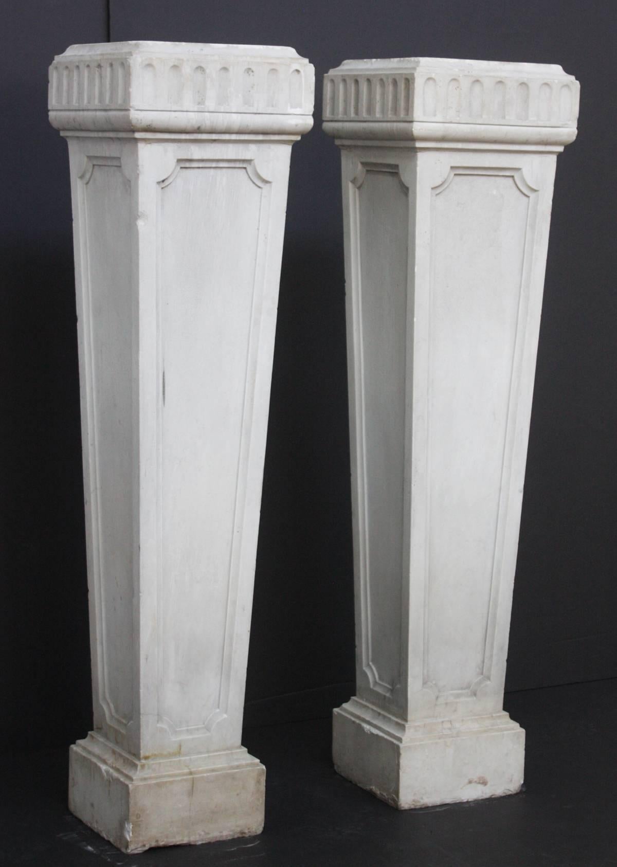 A pair of Italian white Carrara marble neoclassical tapered pedestals / plinths, 12